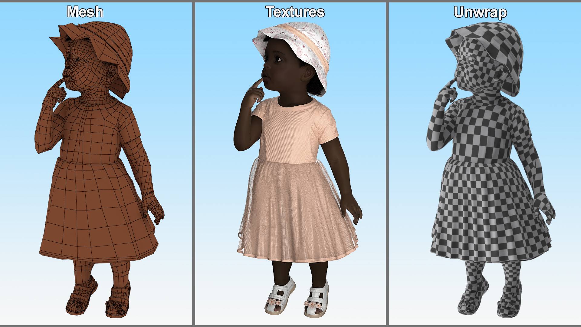 3D African Baby Girl in Summer Outfit Surprised Fur model
