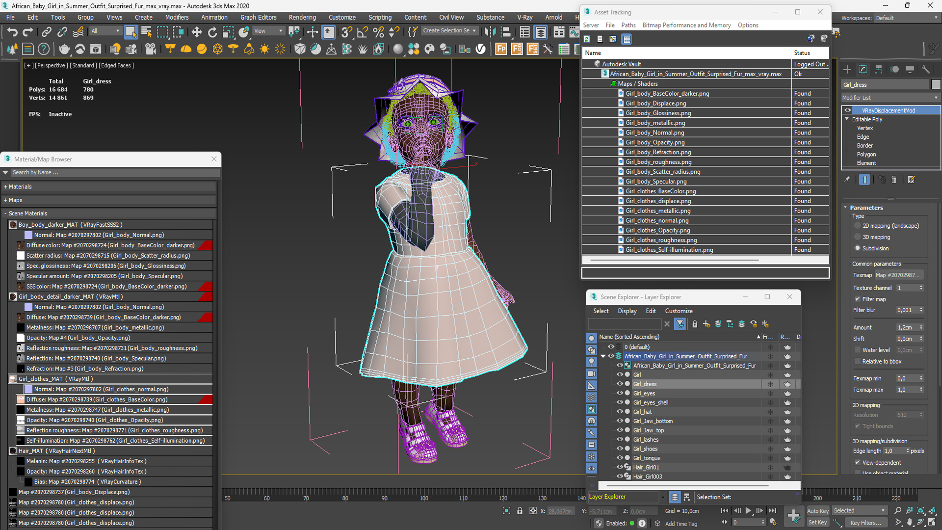3D African Baby Girl in Summer Outfit Surprised Fur model