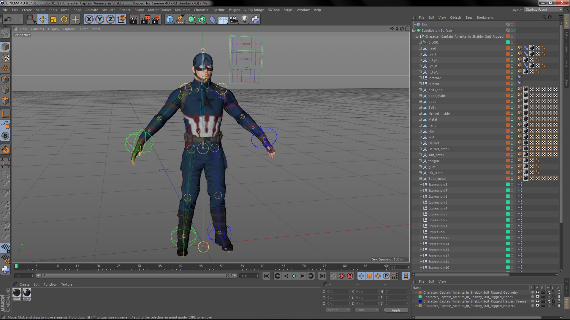 3D Character Captain America in Shabby Suit Rigged for Cinema 4D