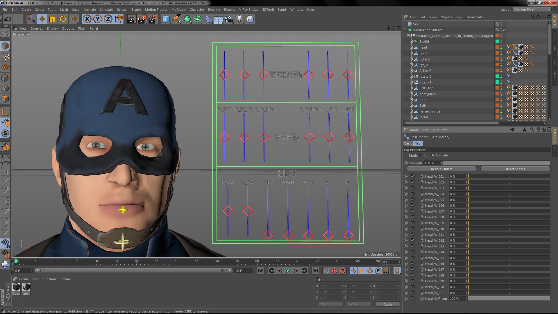 3D Character Captain America in Shabby Suit Rigged for Cinema 4D