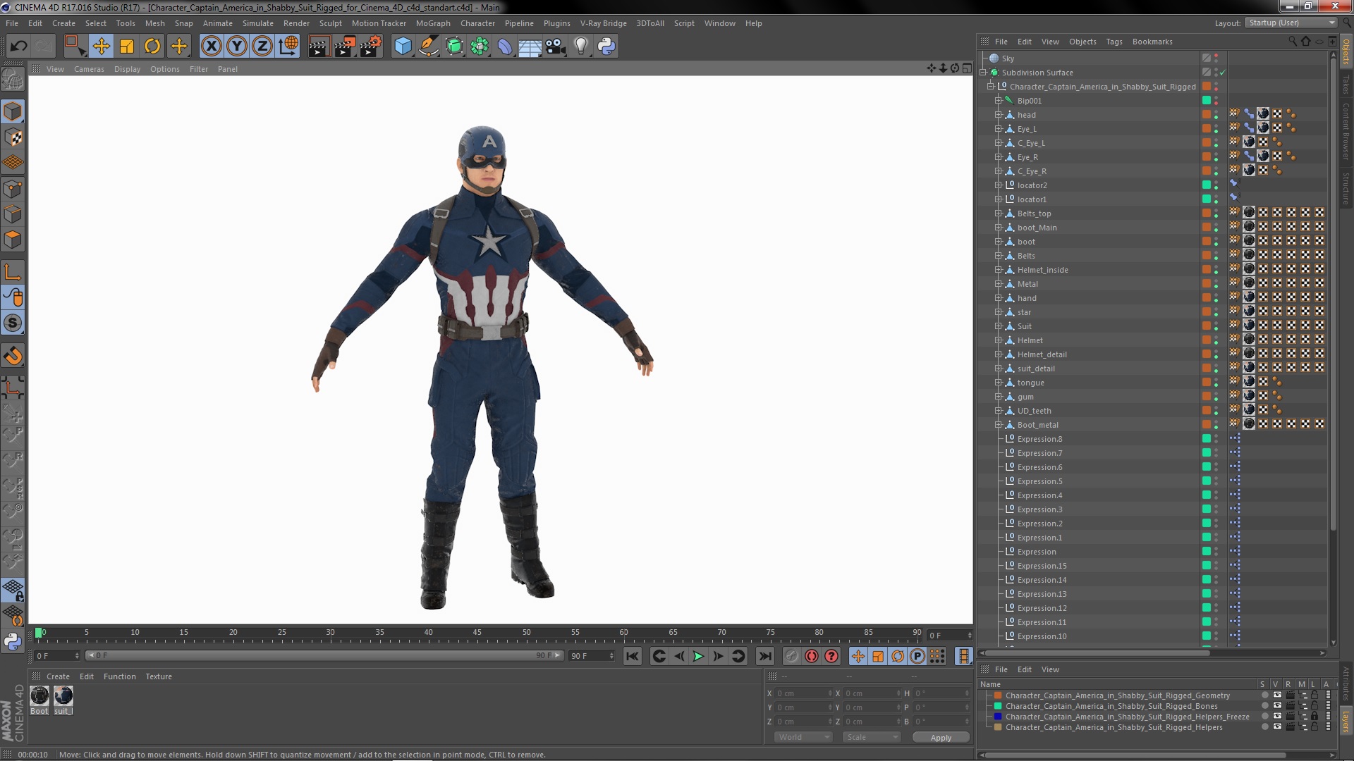 3D Character Captain America in Shabby Suit Rigged for Cinema 4D