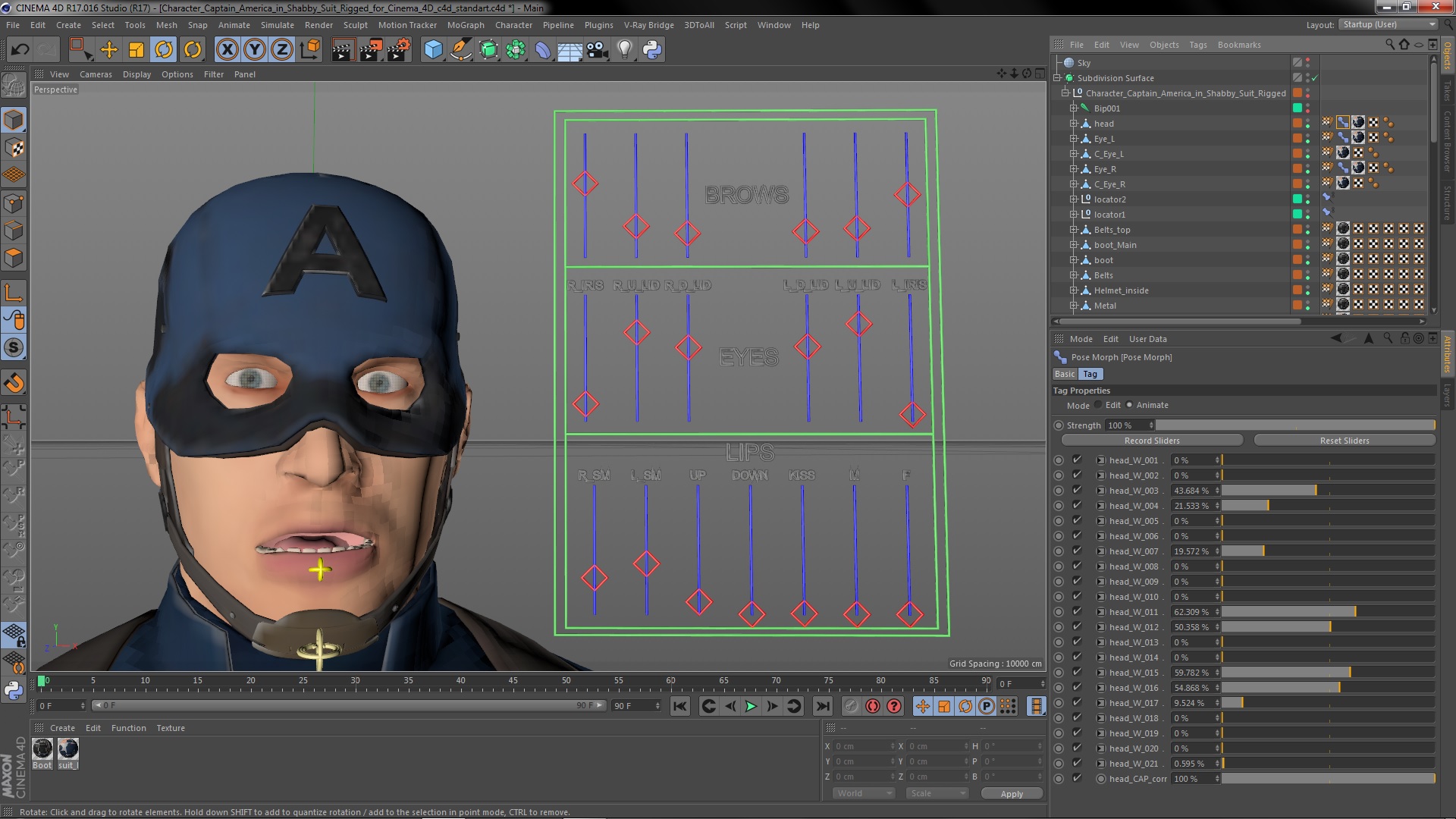 3D Character Captain America in Shabby Suit Rigged for Cinema 4D