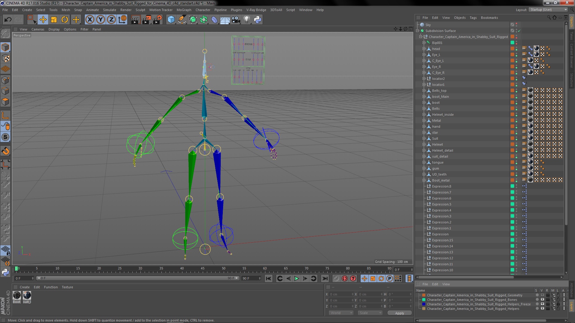 3D Character Captain America in Shabby Suit Rigged for Cinema 4D