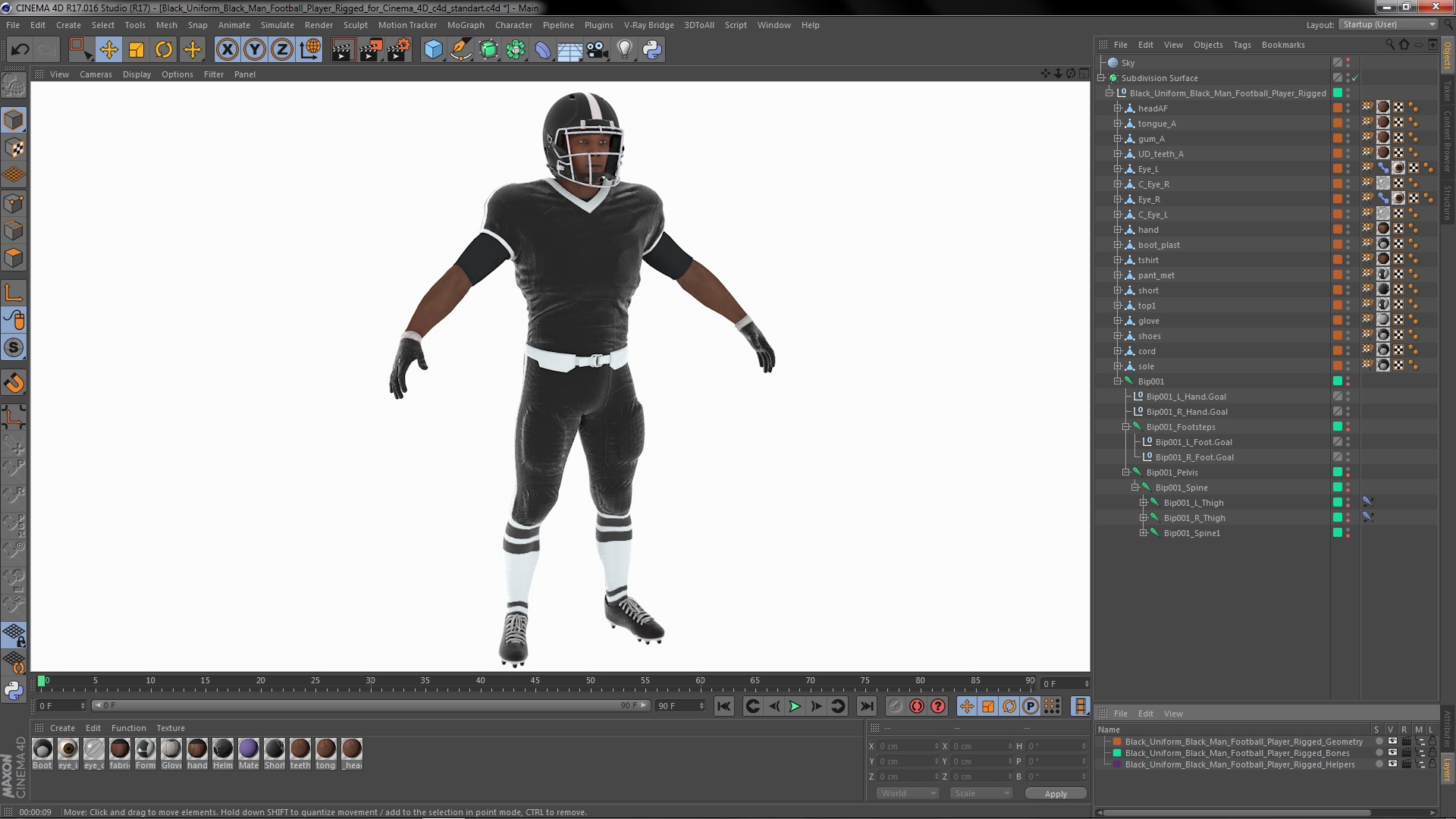 3D model Black Uniform Black Man Football Player Rigged for Cinema 4D