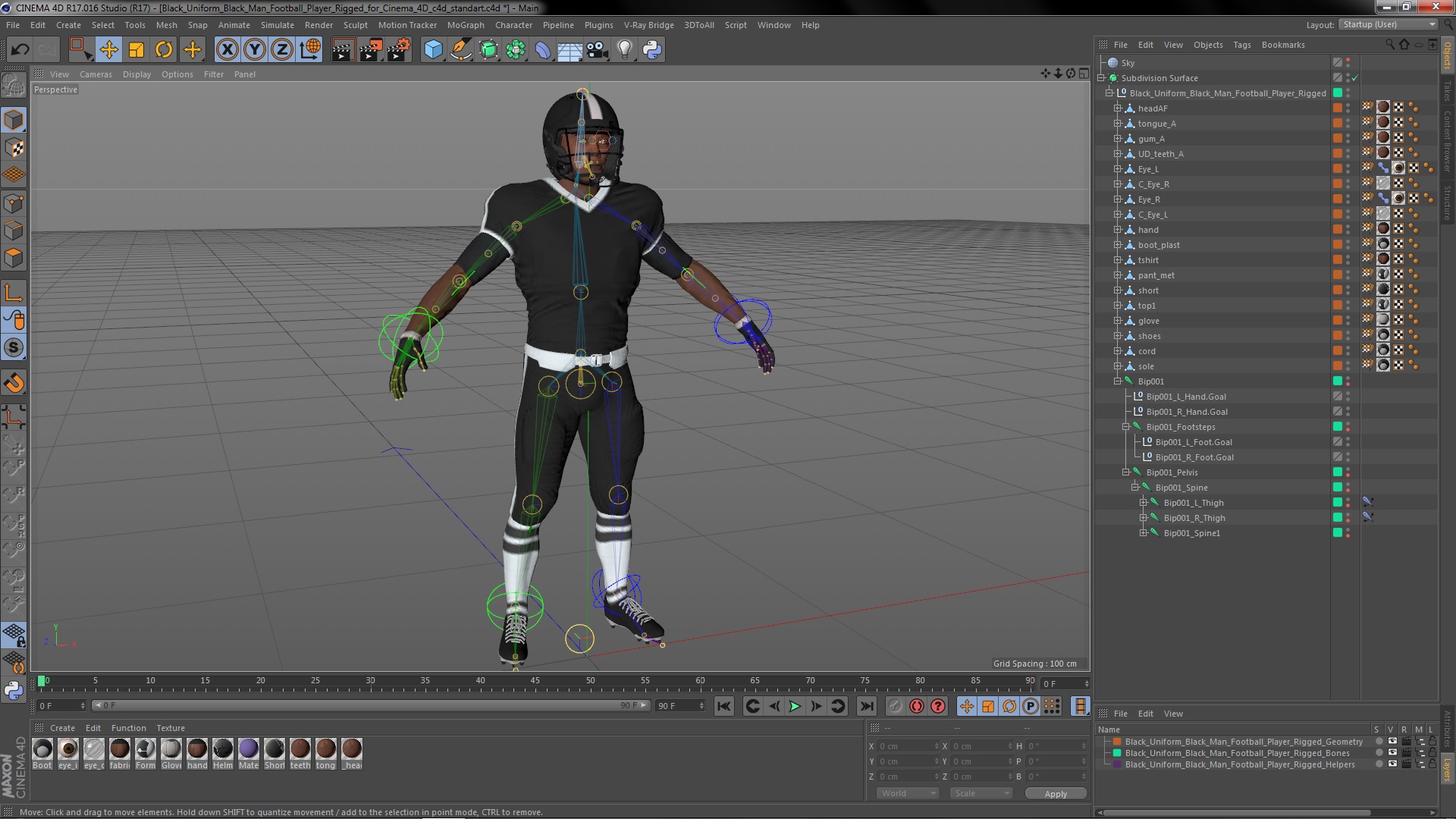 3D model Black Uniform Black Man Football Player Rigged for Cinema 4D
