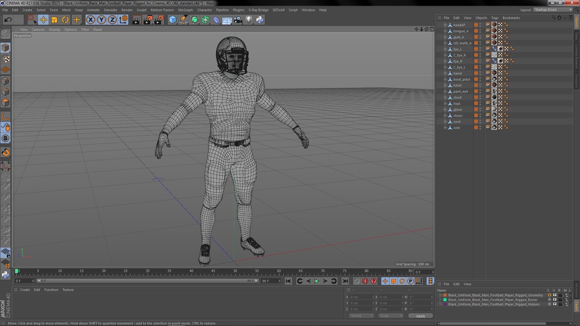 3D model Black Uniform Black Man Football Player Rigged for Cinema 4D