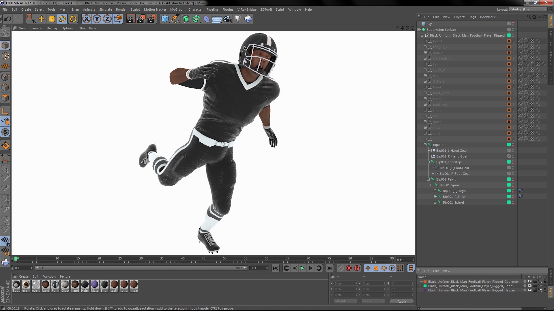 3D model Black Uniform Black Man Football Player Rigged for Cinema 4D