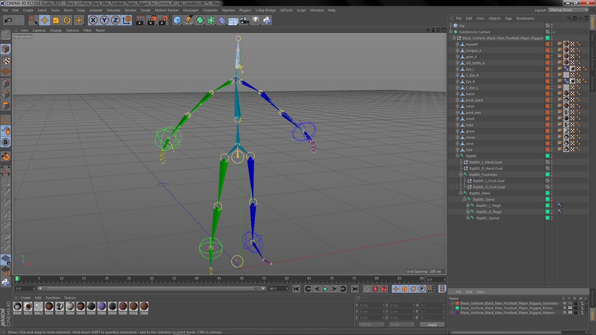 3D model Black Uniform Black Man Football Player Rigged for Cinema 4D