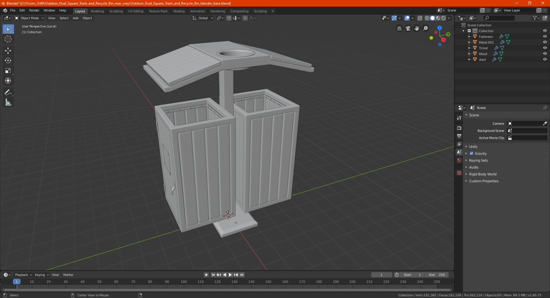 3D Outdoor Dual Square Trash and Recycle Bin