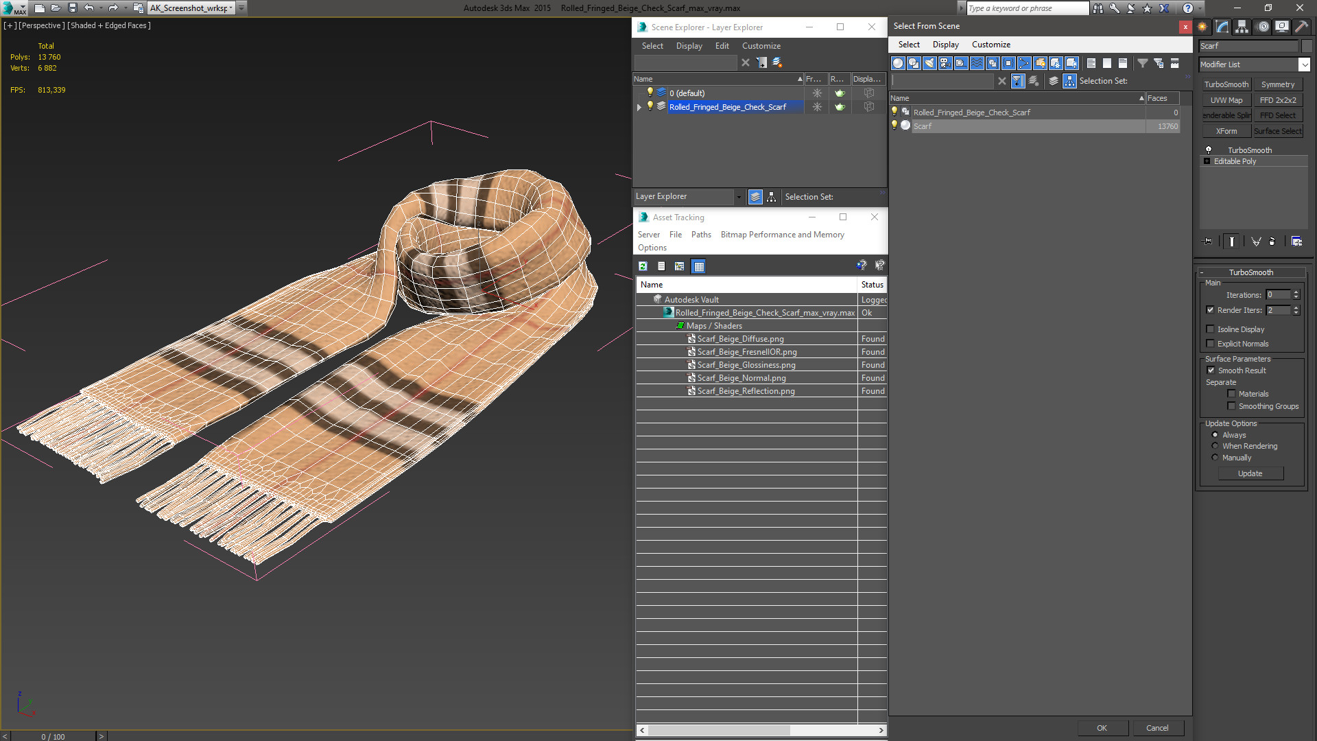 Rolled Fringed Beige Check Scarf 3D