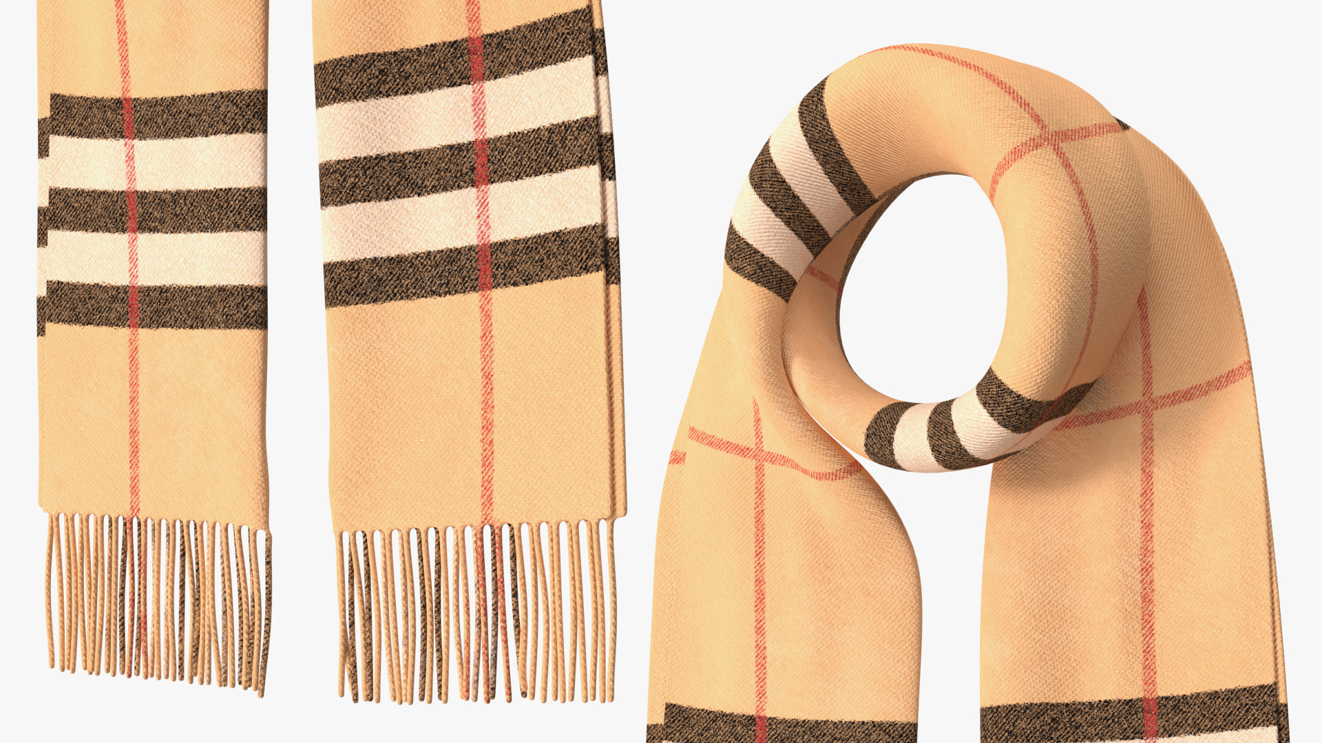 Rolled Fringed Beige Check Scarf 3D