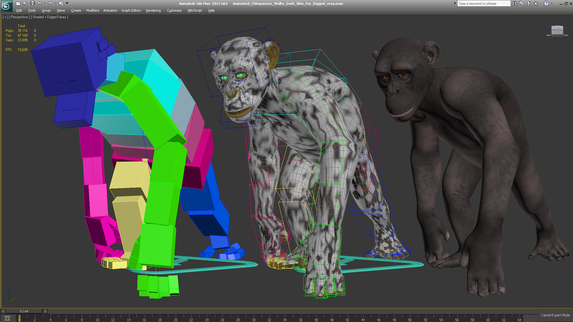 3D Animated Chimpanzee Walks Dark Skin Fur Rigged