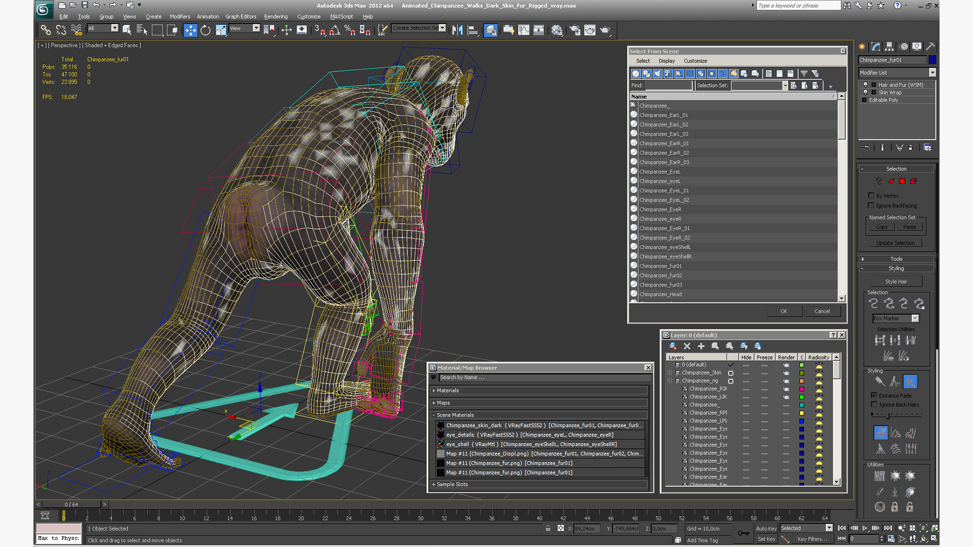 3D Animated Chimpanzee Walks Dark Skin Fur Rigged