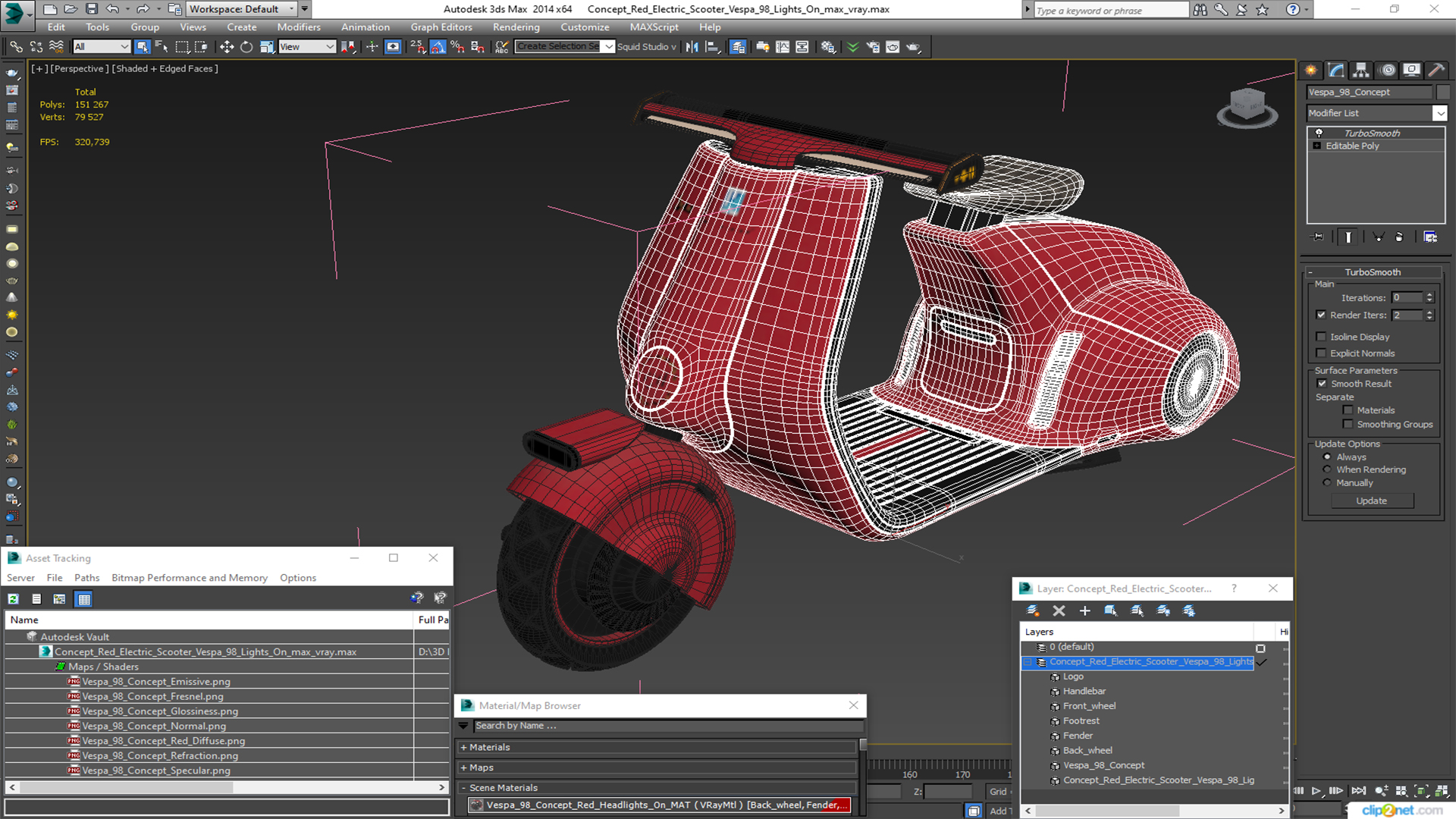 Concept Red Electric Scooter Vespa 98 Lights On 3D