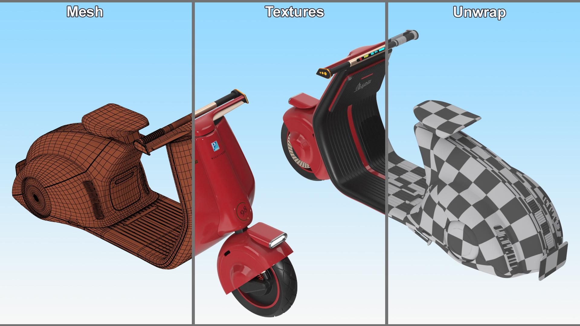Concept Red Electric Scooter Vespa 98 Lights On 3D