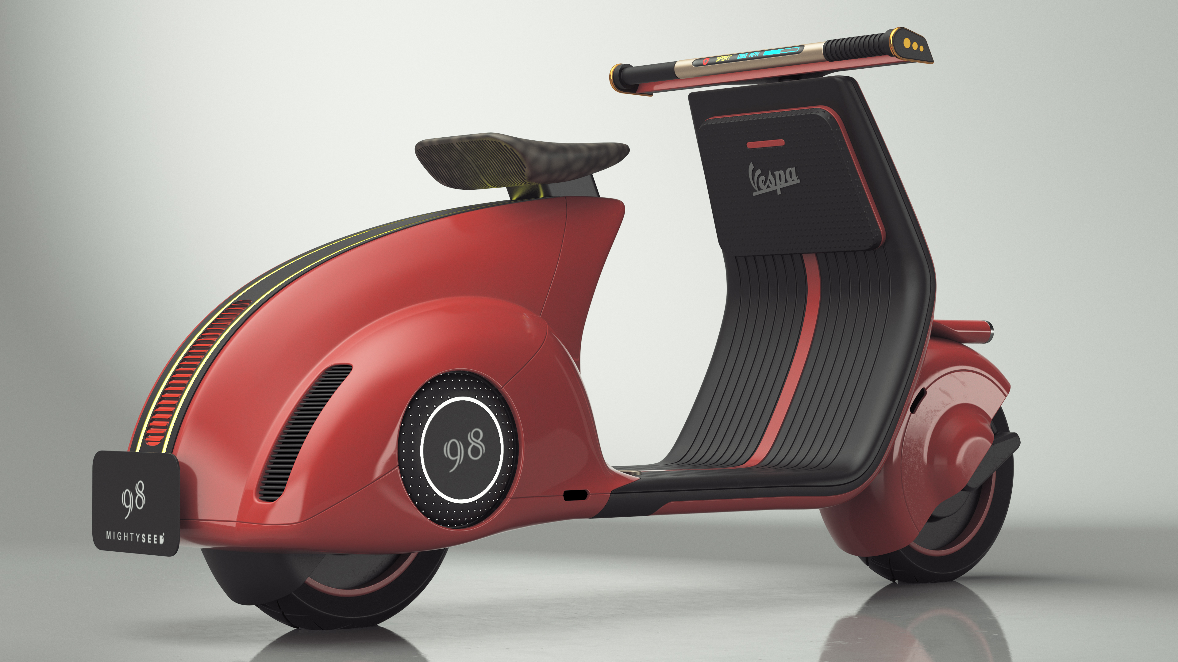 Concept Red Electric Scooter Vespa 98 Lights On 3D