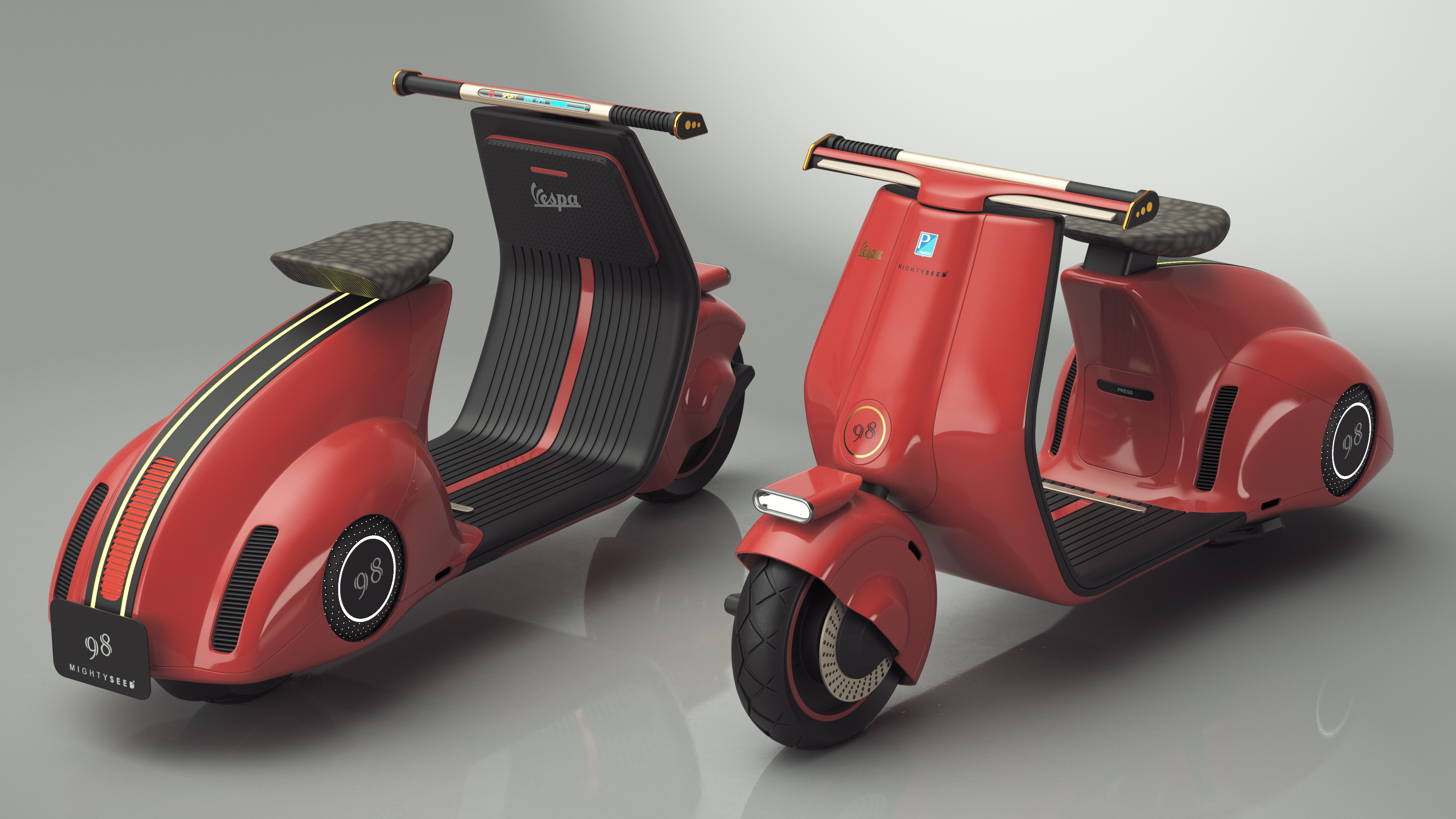 Concept Red Electric Scooter Vespa 98 Lights On 3D