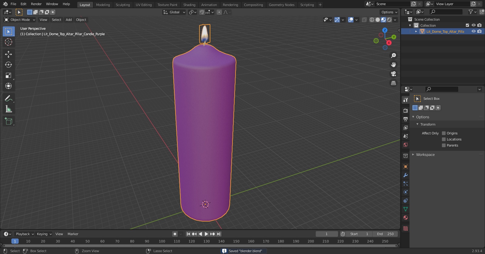 Lit Dome Top Altar Pillar Candle Purple 3D model