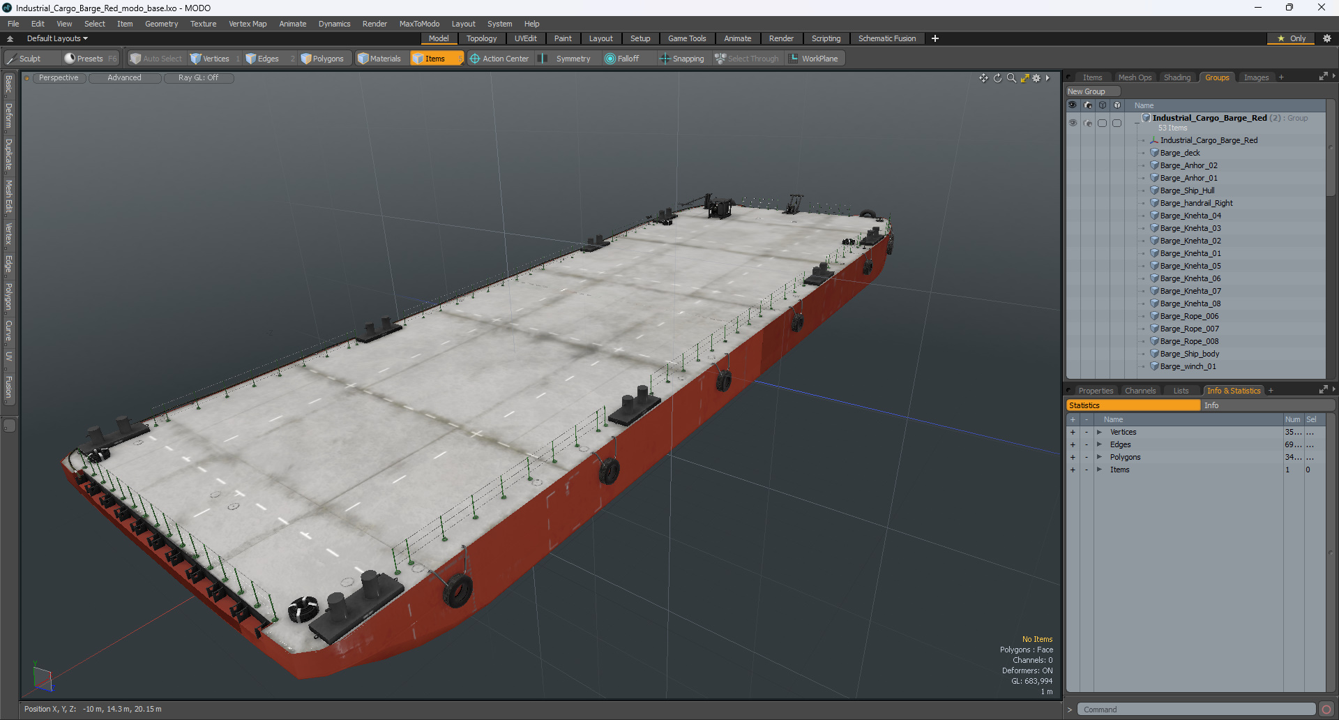 3D Industrial Cargo Barge Red