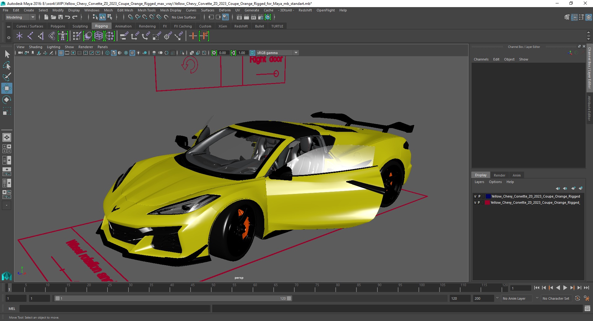 3D Yellow Chevy Corvette Z0 2023 Coupe Rigged for Maya