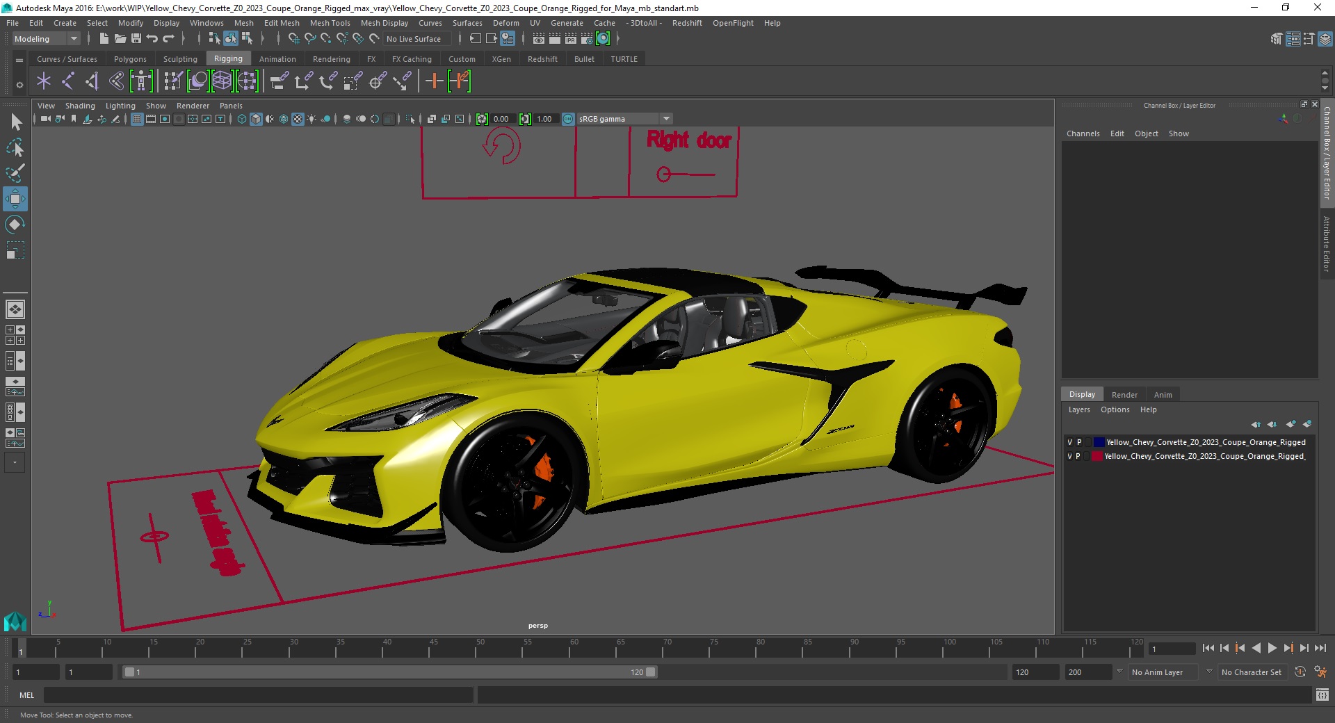 3D Yellow Chevy Corvette Z0 2023 Coupe Rigged for Maya