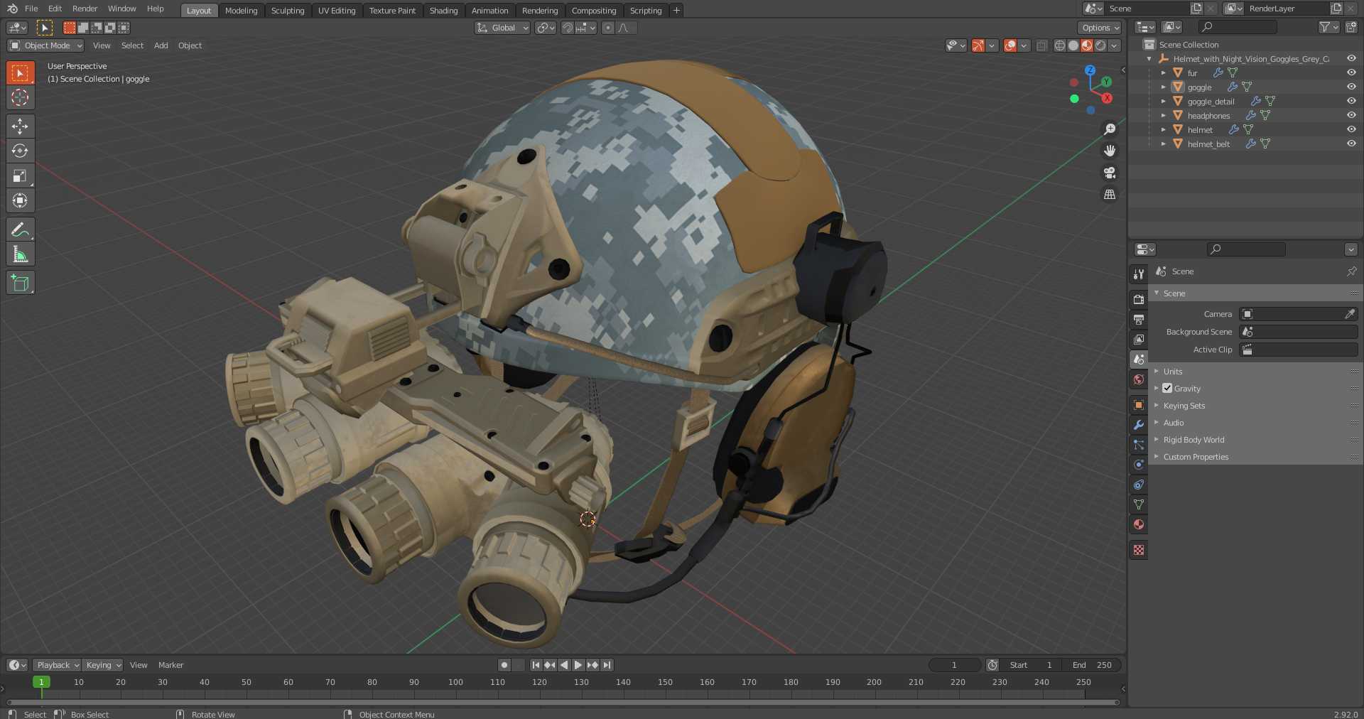 Helmet with Night Vision Goggles Grey Camo 3D