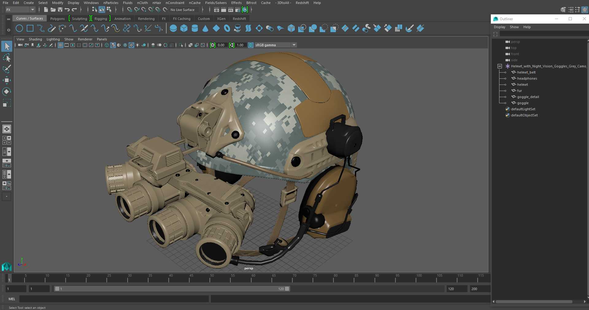 Helmet with Night Vision Goggles Grey Camo 3D