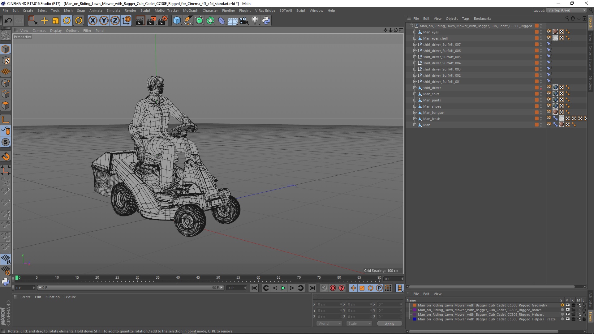 3D Man on Riding Lawn Mower with Bagger Cub Cadet CC30E Rigged for Cinema 4D model