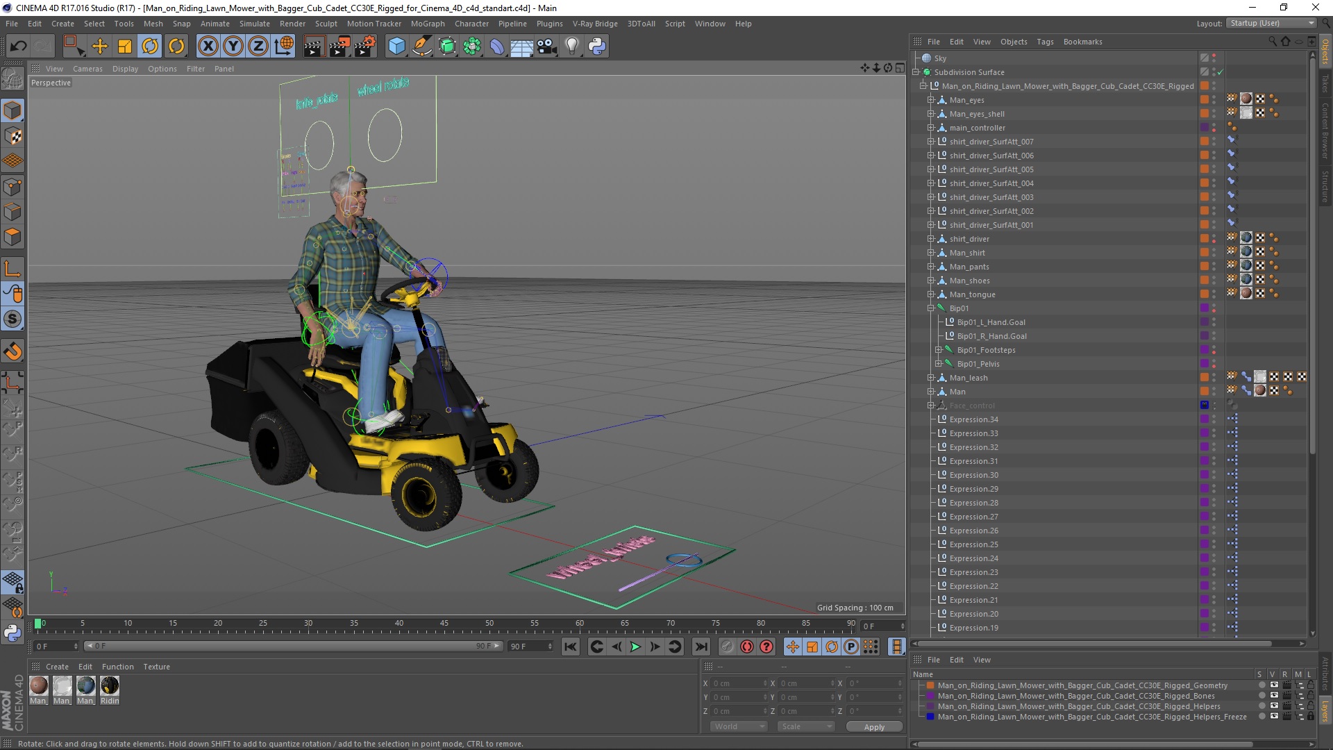 3D Man on Riding Lawn Mower with Bagger Cub Cadet CC30E Rigged for Cinema 4D model