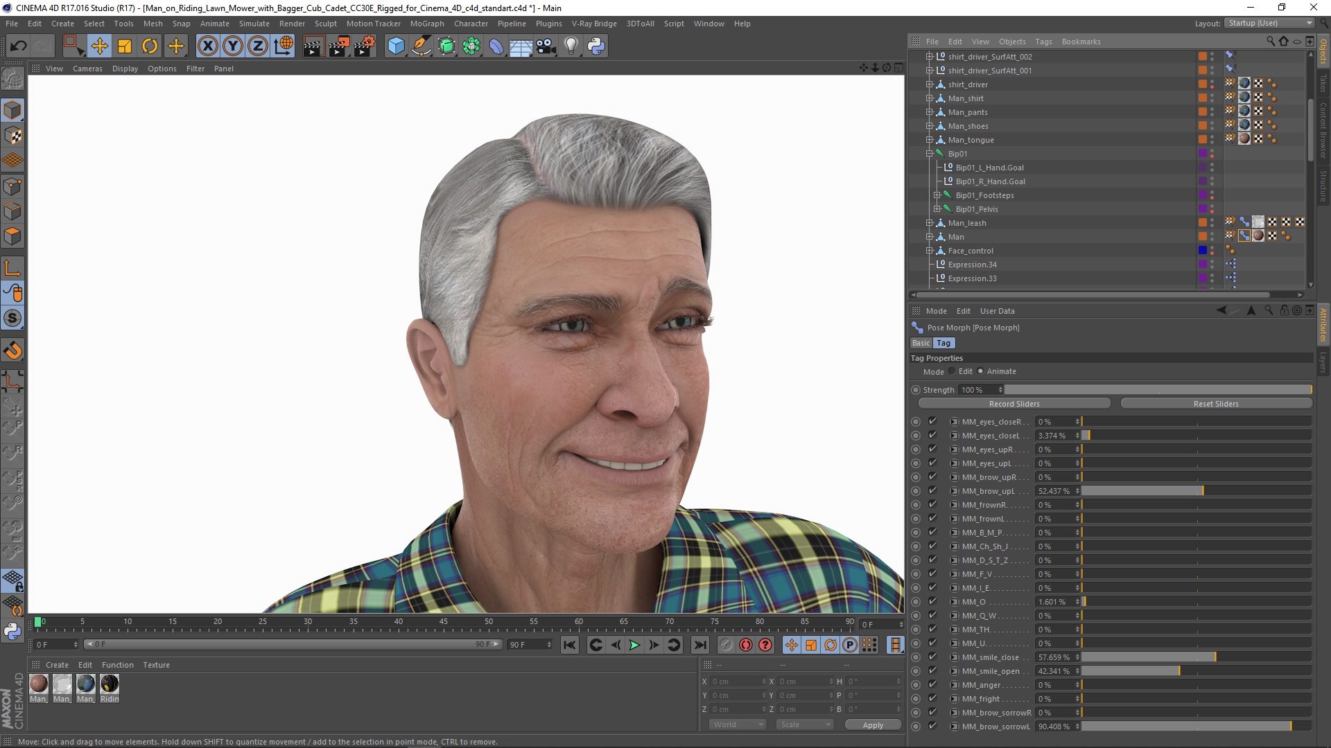3D Man on Riding Lawn Mower with Bagger Cub Cadet CC30E Rigged for Cinema 4D model