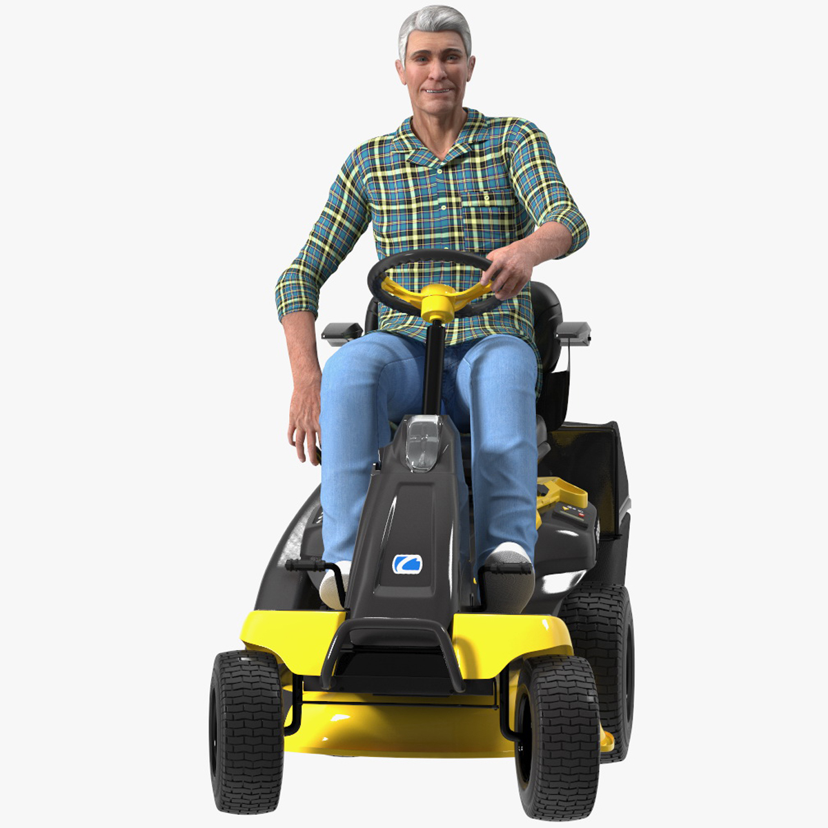 3D Man on Riding Lawn Mower with Bagger Cub Cadet CC30E Rigged for Cinema 4D model
