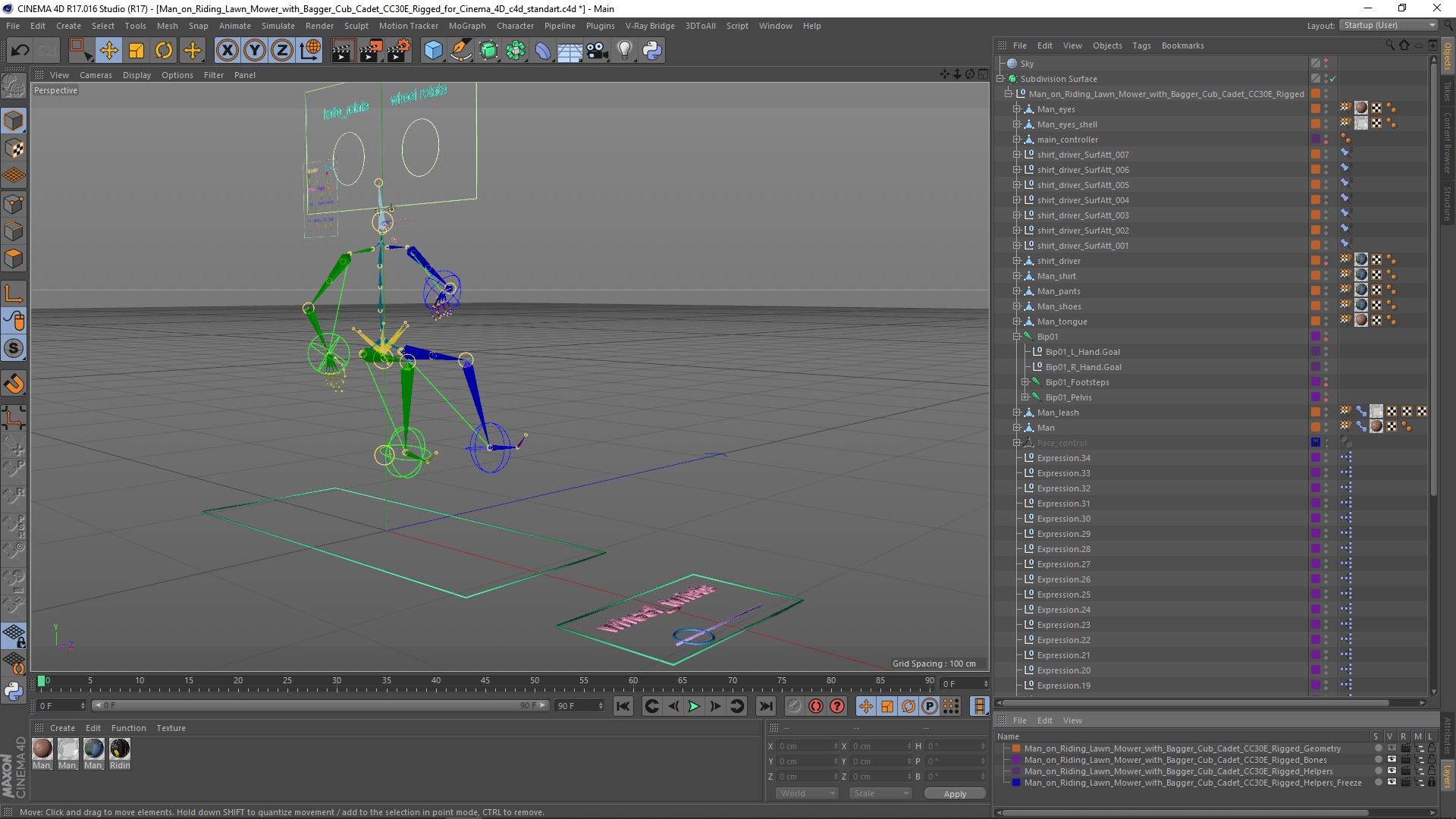 3D Man on Riding Lawn Mower with Bagger Cub Cadet CC30E Rigged for Cinema 4D model