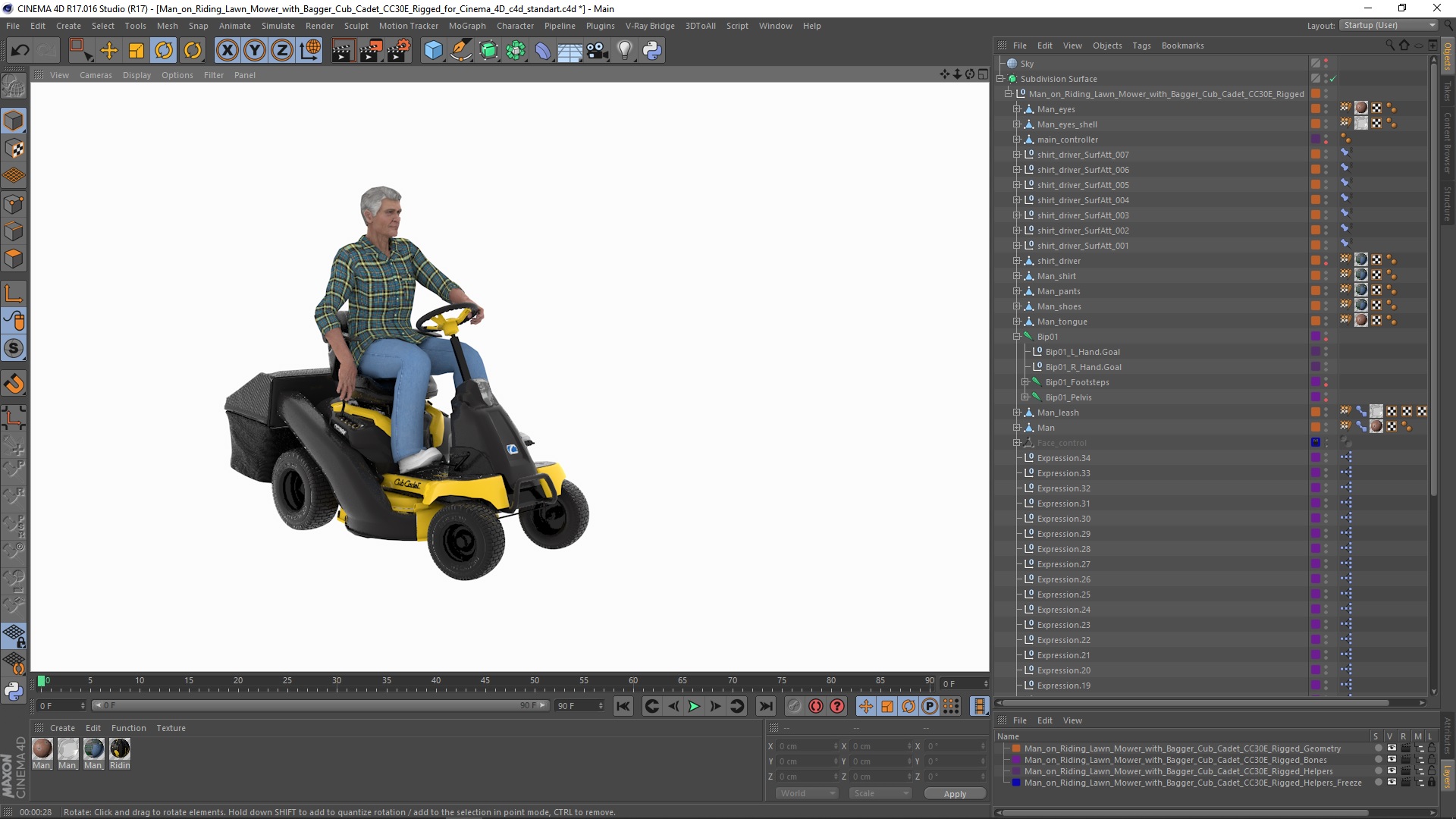 3D Man on Riding Lawn Mower with Bagger Cub Cadet CC30E Rigged for Cinema 4D model