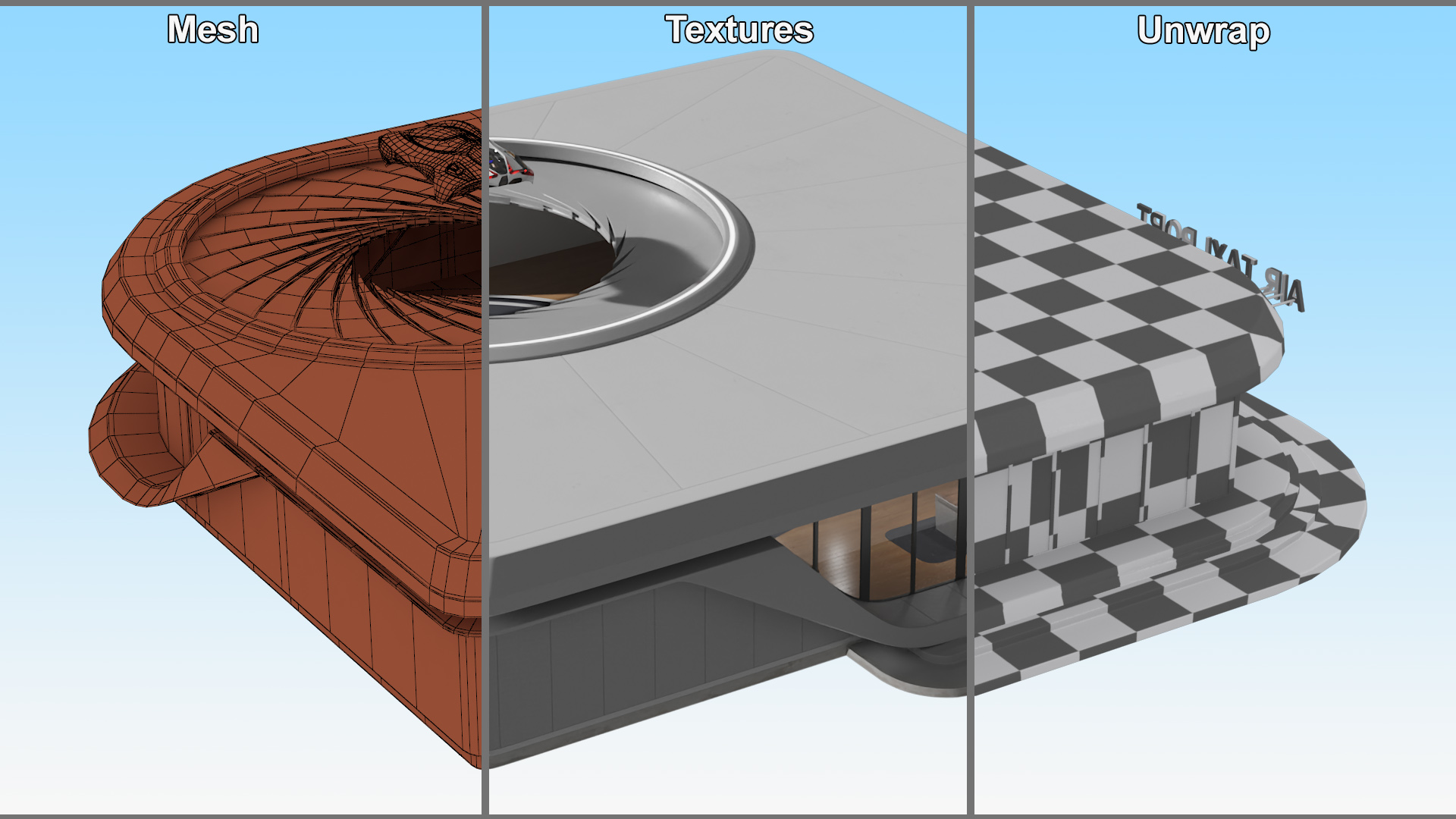 Air Port with Landing Pad and Futuristic Urban Flying Car Rigged 3D model