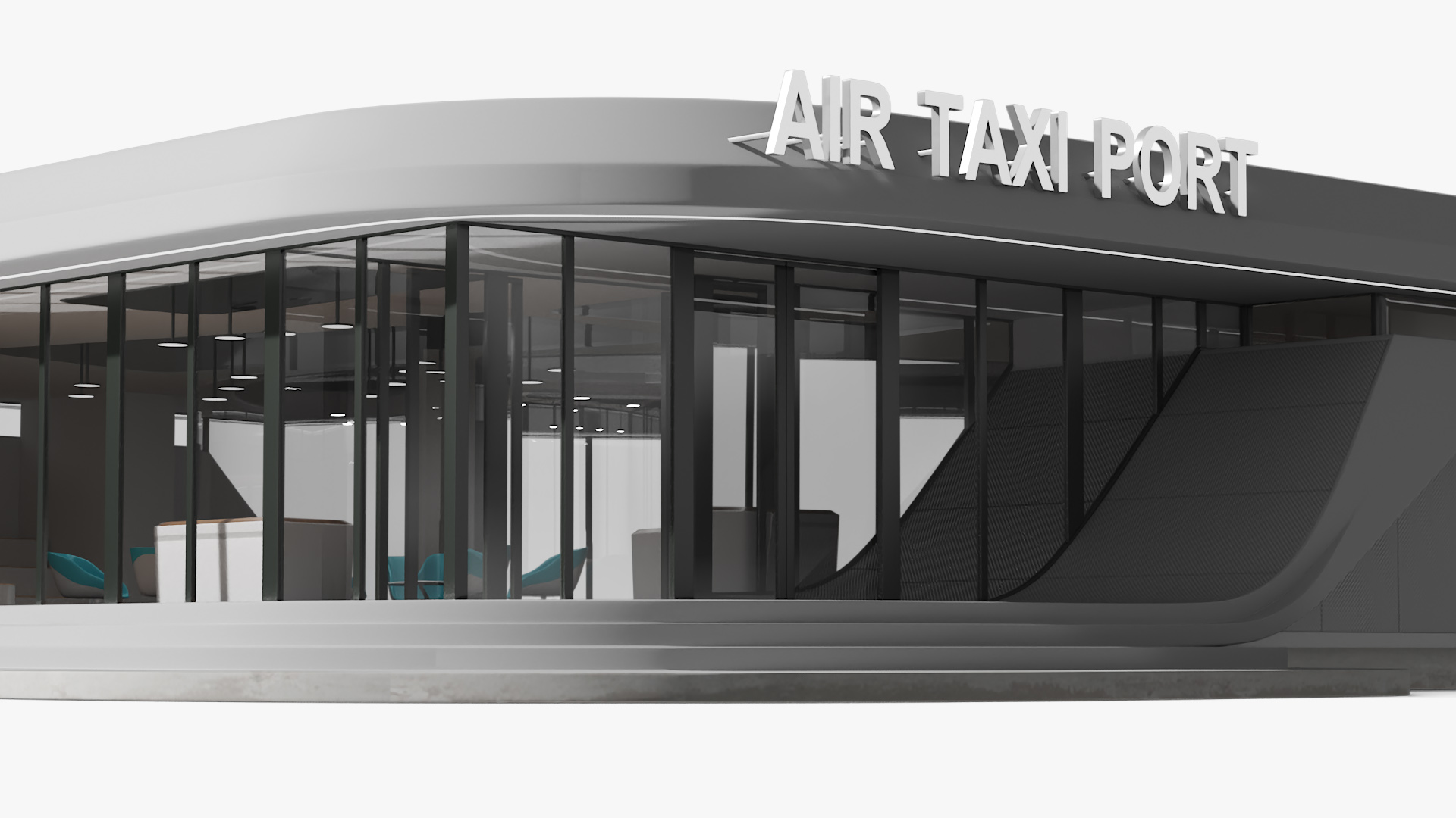 Air Port with Landing Pad and Futuristic Urban Flying Car Rigged 3D model
