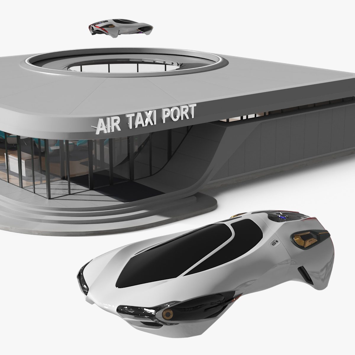 Air Port with Landing Pad and Futuristic Urban Flying Car Rigged 3D model