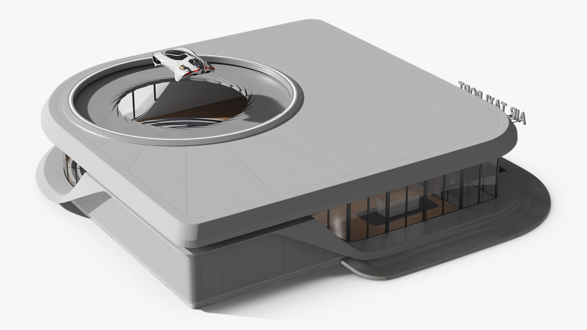 Air Port with Landing Pad and Futuristic Urban Flying Car Rigged 3D model