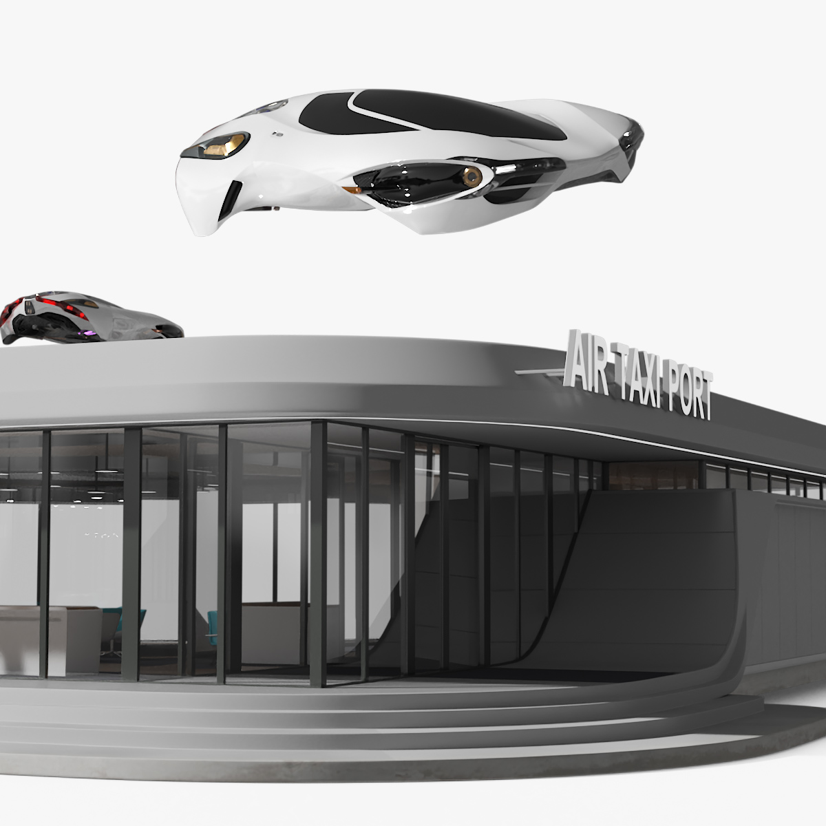 Air Port with Landing Pad and Futuristic Urban Flying Car Rigged 3D model