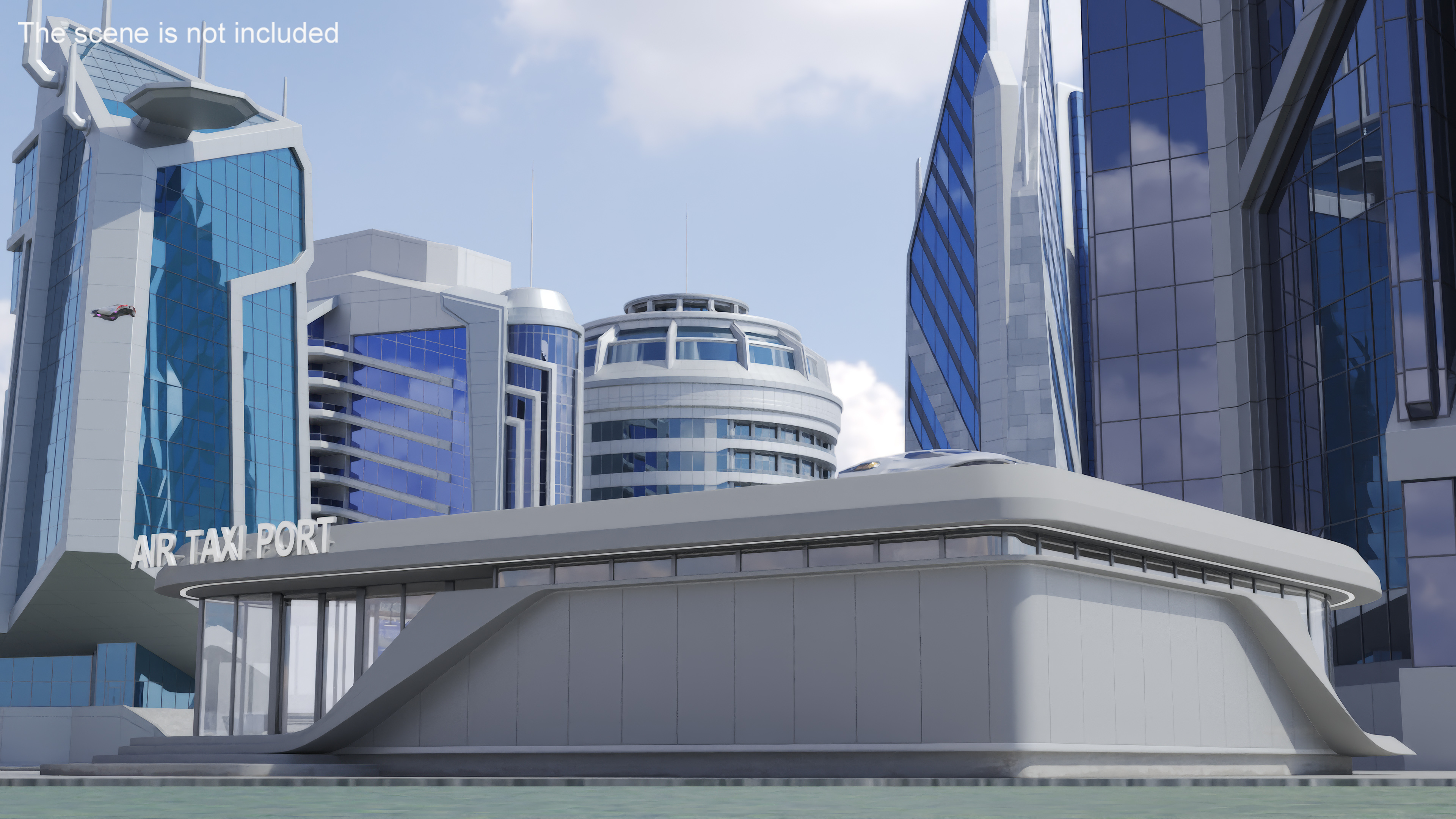Air Port with Landing Pad and Futuristic Urban Flying Car Rigged 3D model