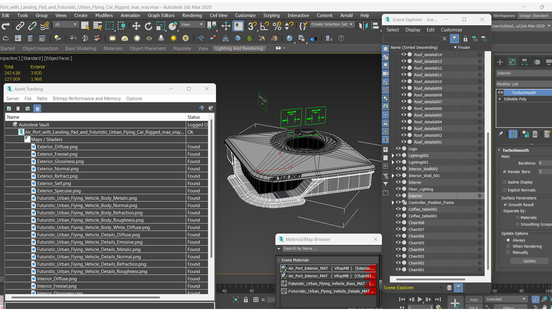 Air Port with Landing Pad and Futuristic Urban Flying Car Rigged 3D model