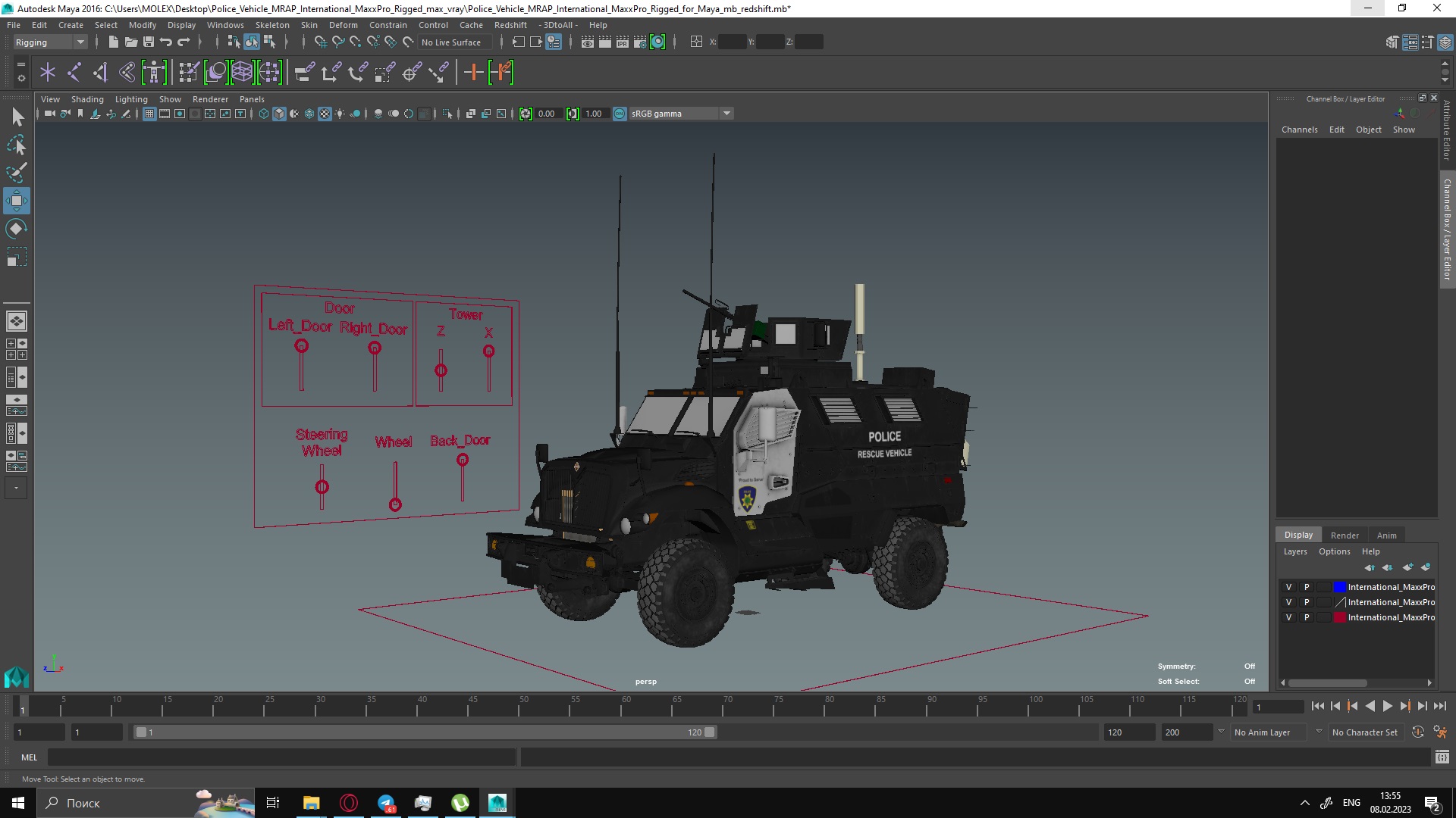 Police Vehicle MRAP International MaxxPro Rigged for Maya 3D