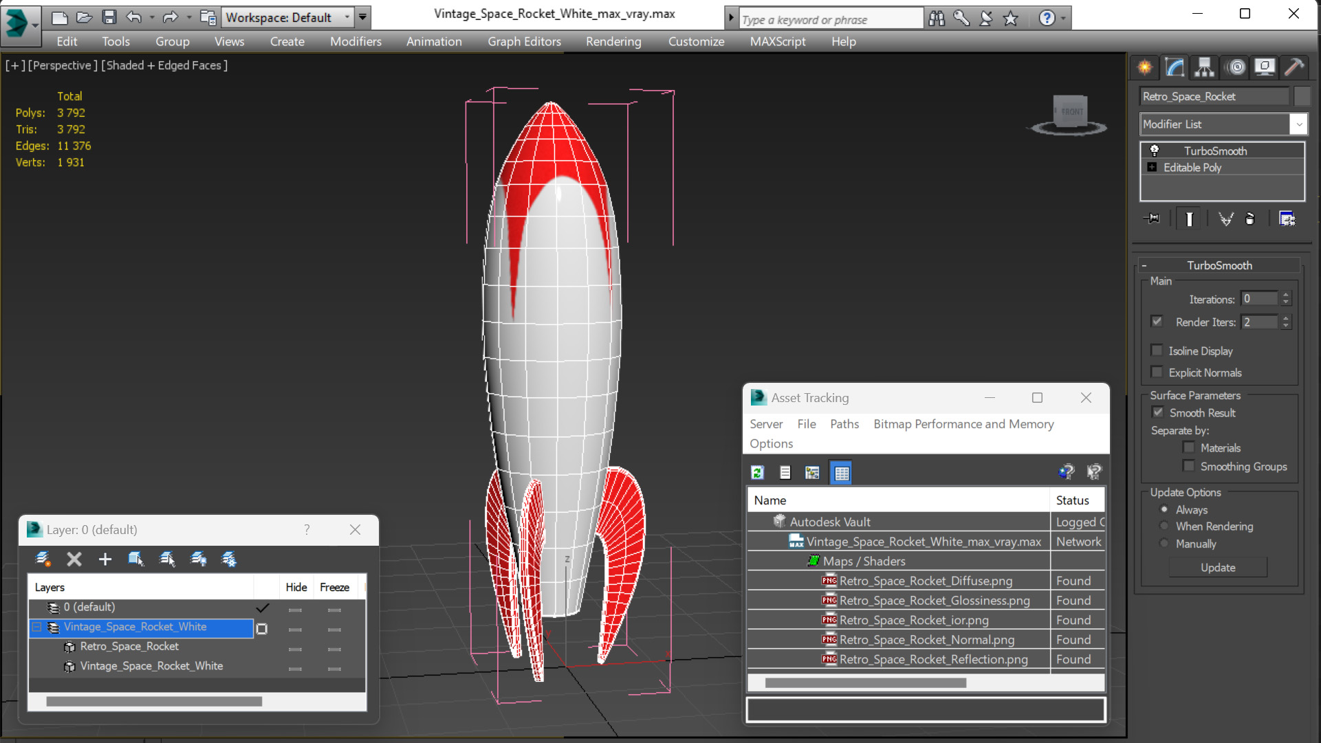 3D Vintage Space Rocket White