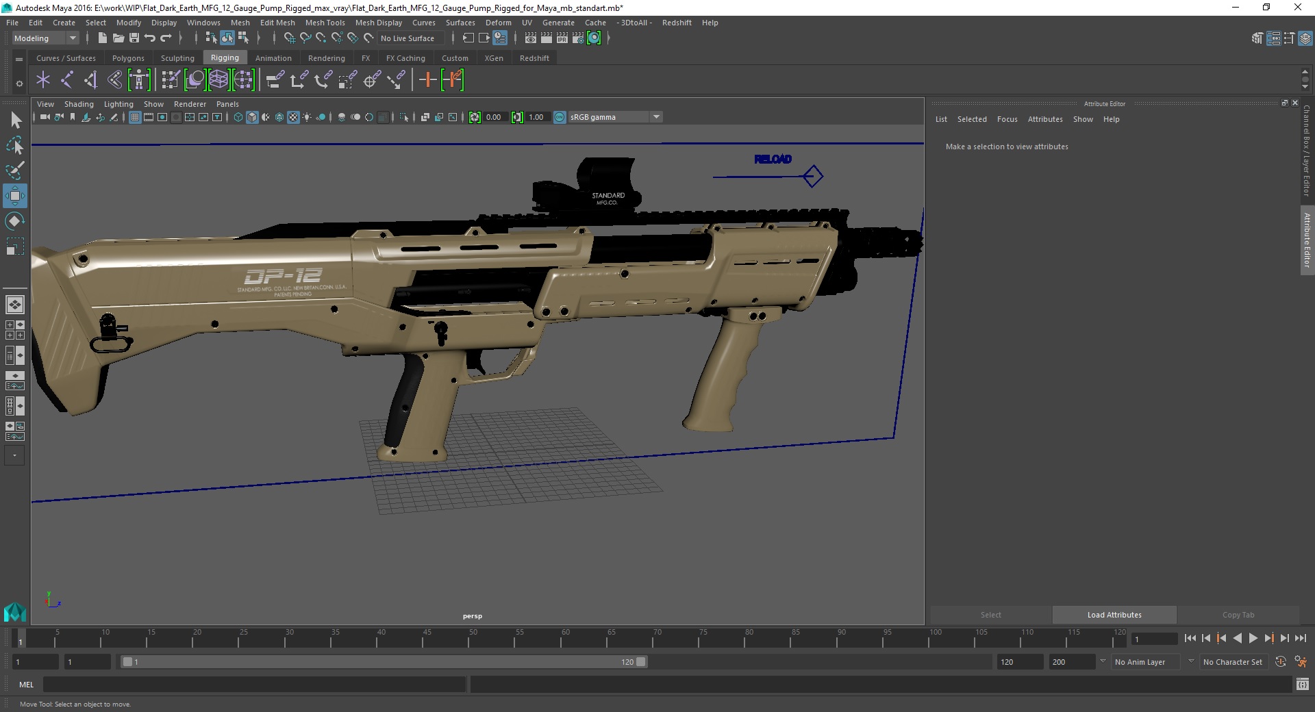 Flat Dark Earth MFG 12 Gauge Pump Rigged for Maya 3D model