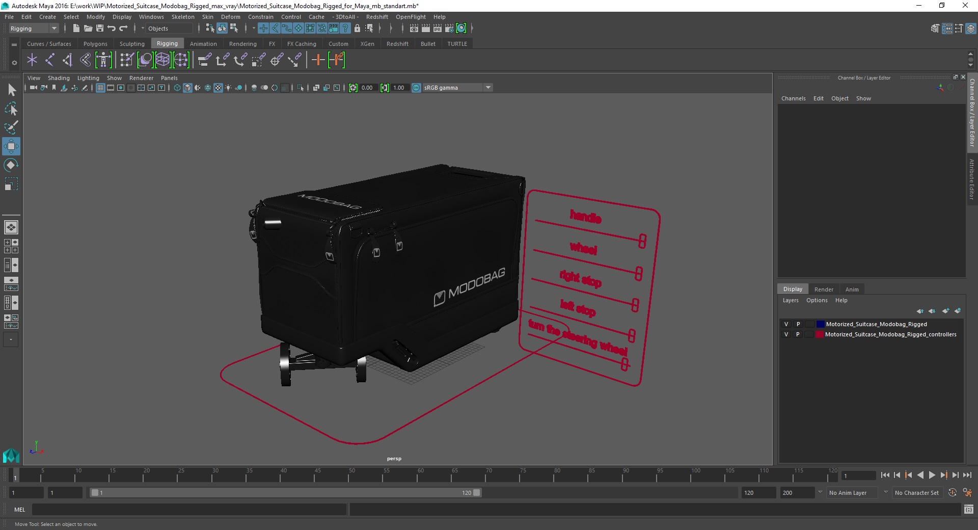 Motorized Suitcase Modobag Rigged for Maya 3D