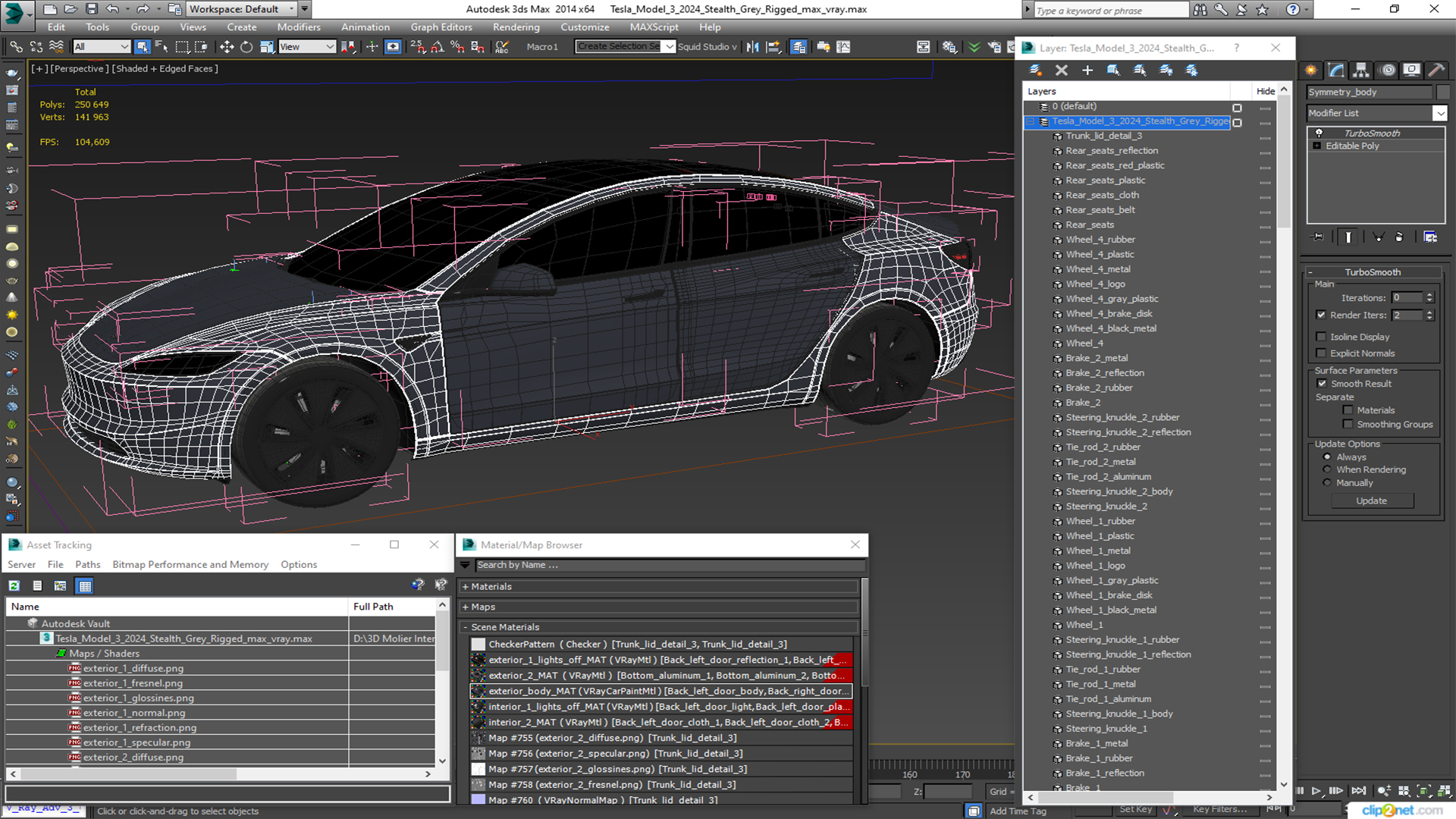 Tesla Model 3 2024 Stealth Grey Rigged for Cinema 4D 3D