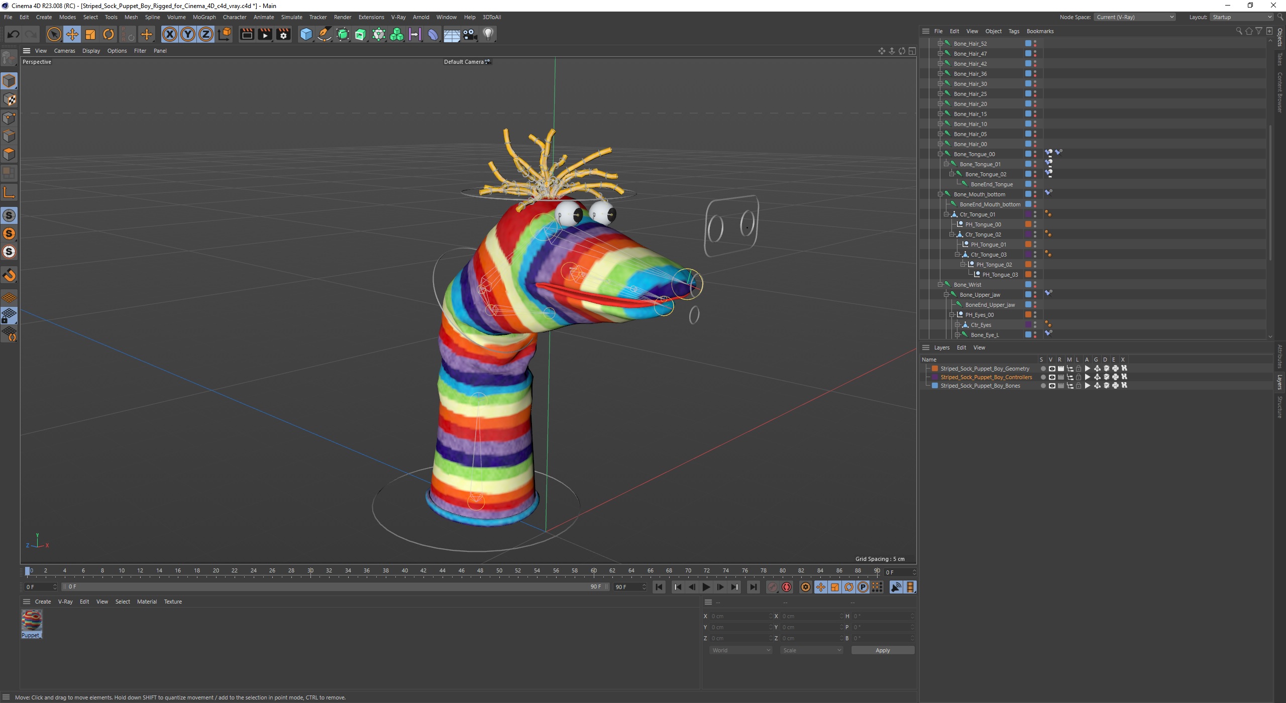 Striped Sock Puppet Boy Rigged for Cinema 4D 3D model