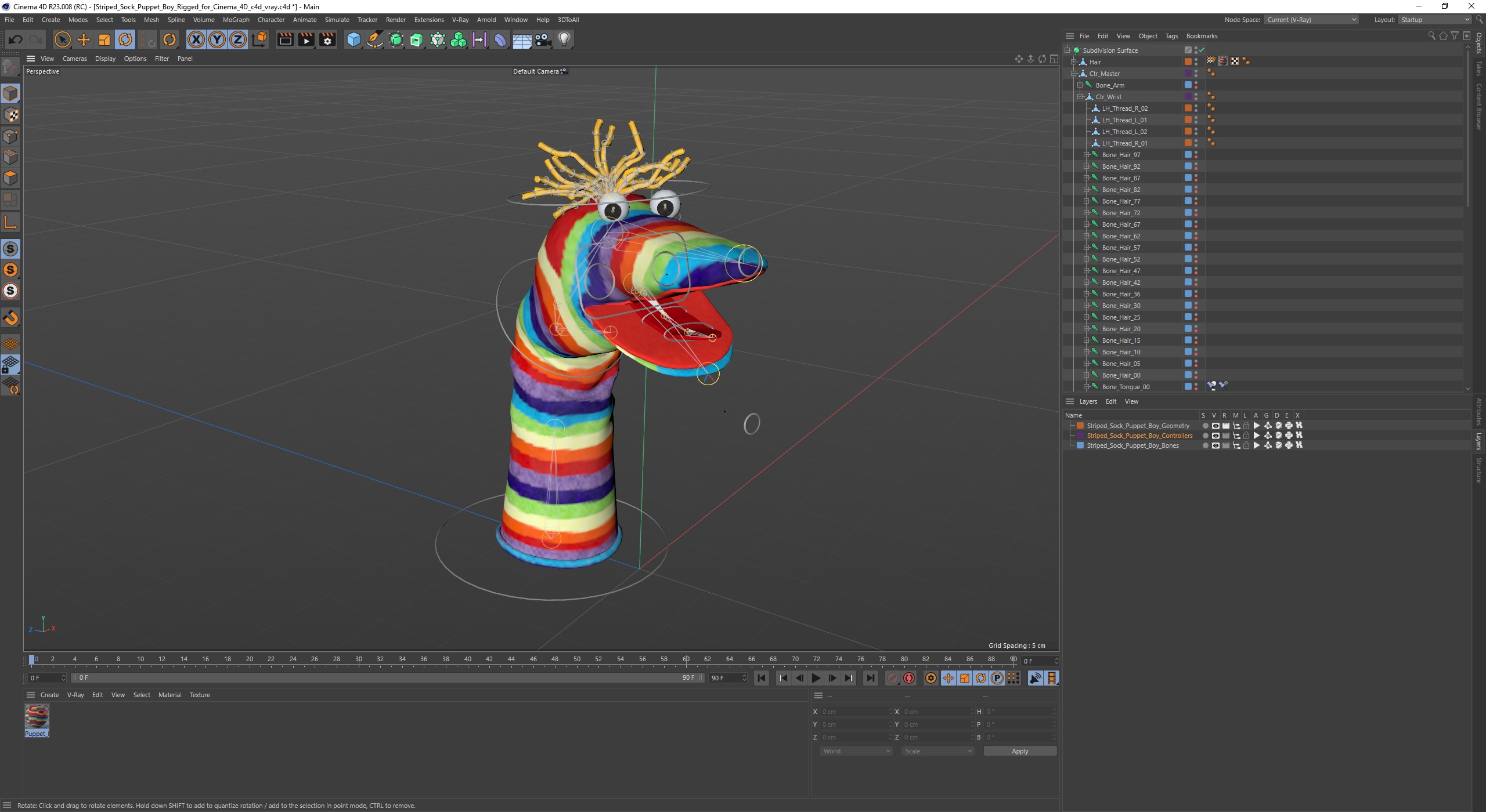 Striped Sock Puppet Boy Rigged for Cinema 4D 3D model