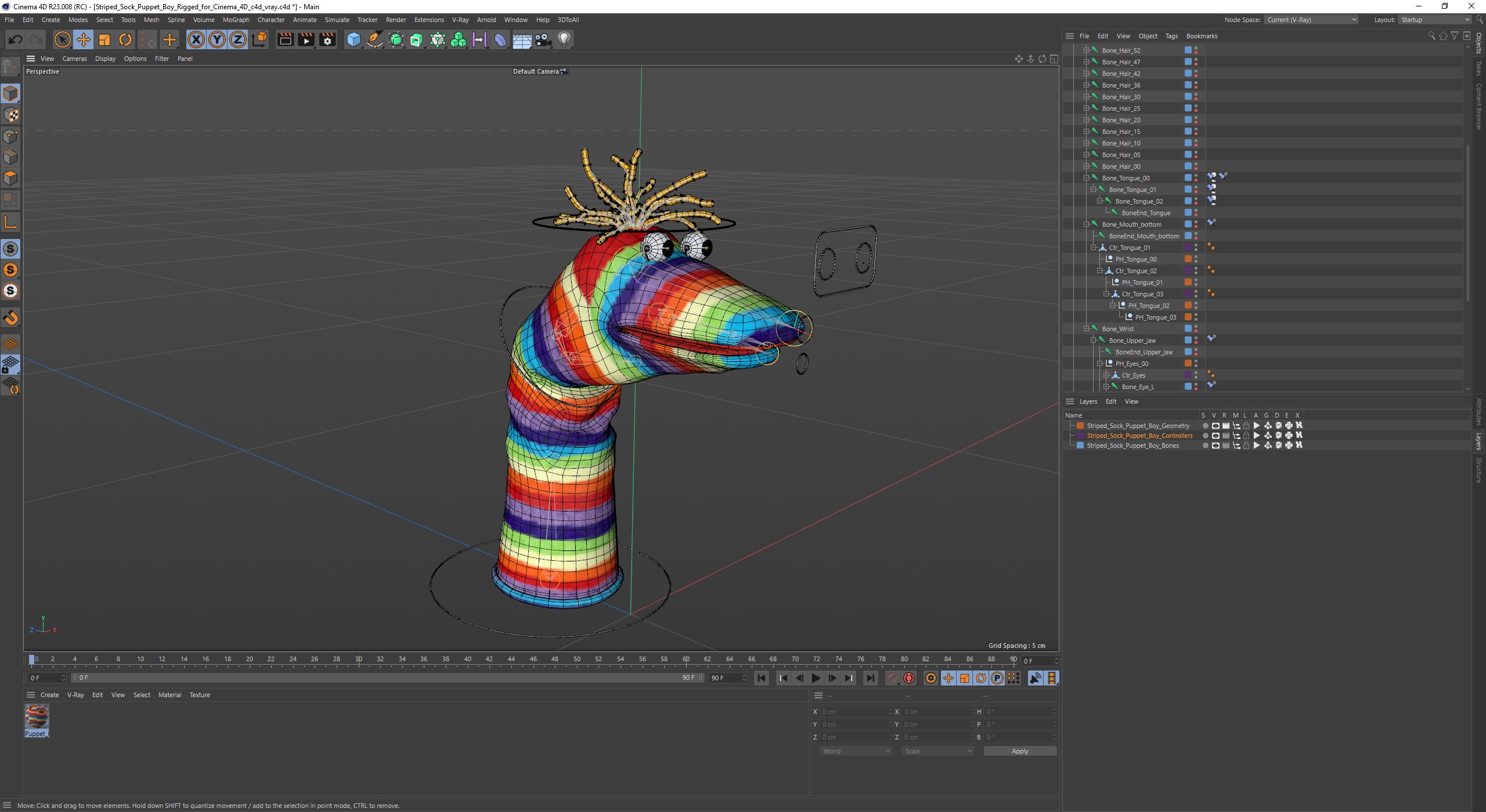 Striped Sock Puppet Boy Rigged for Cinema 4D 3D model