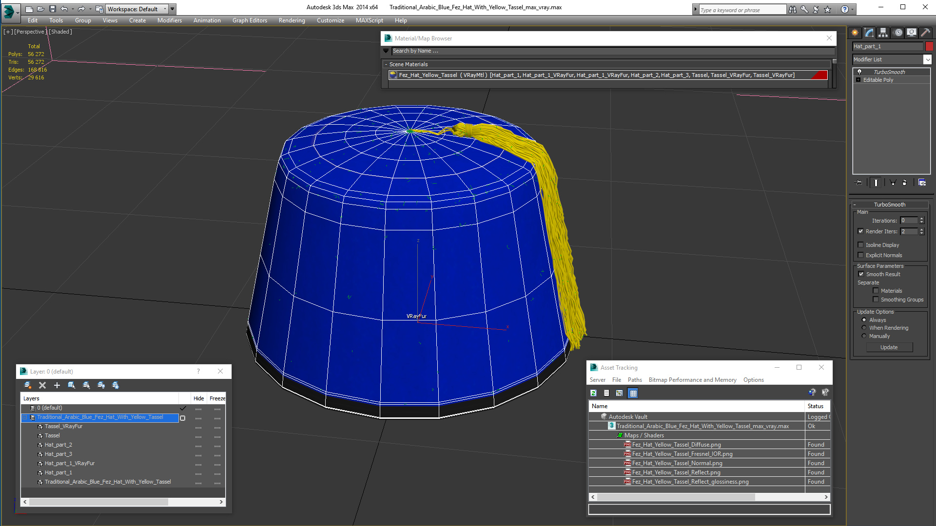 Traditional Arabic Blue Fez Hat With Yellow Tassel Fur 3D model