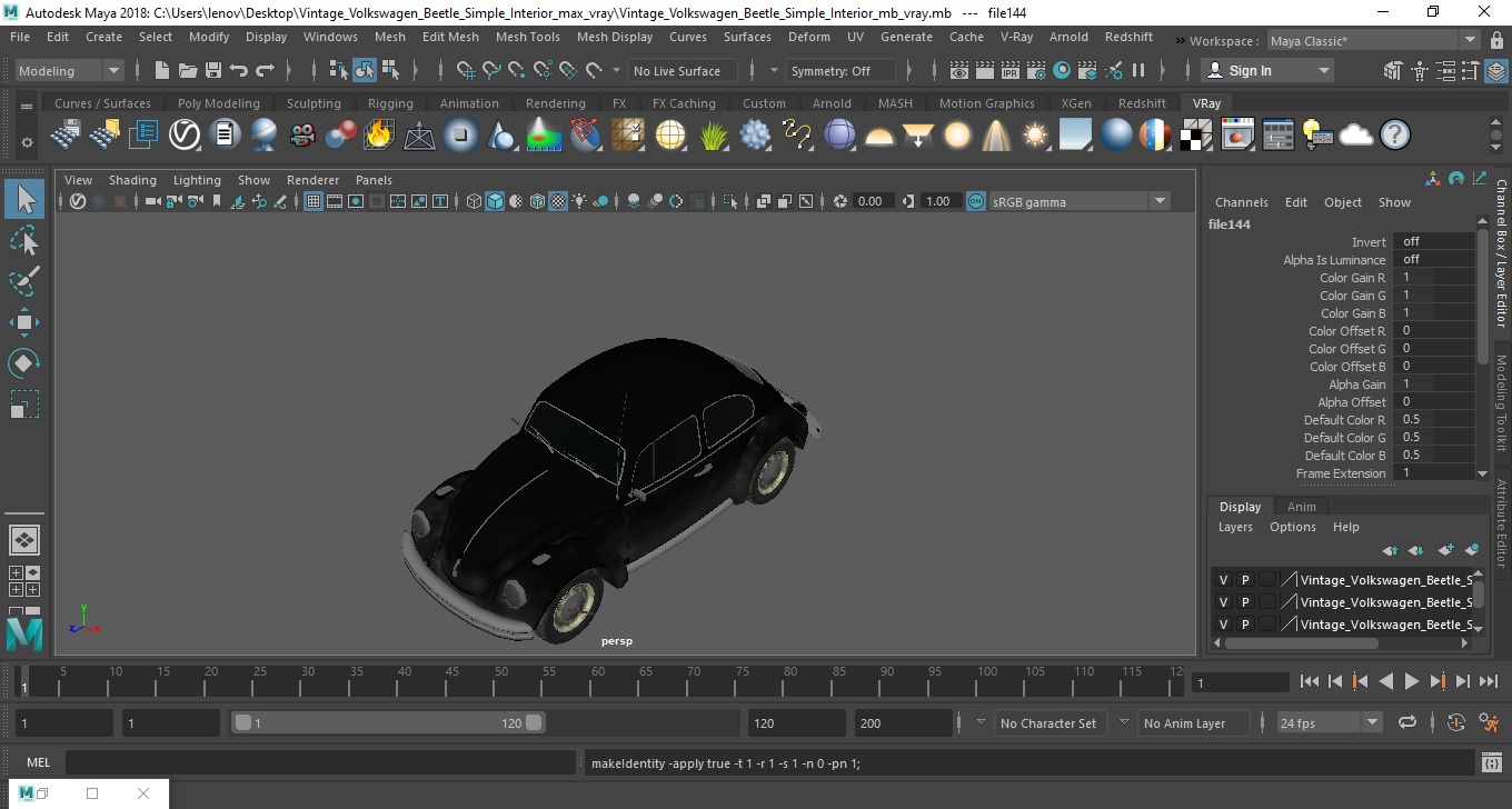 3D Vintage Volkswagen Beetle Simple Interior